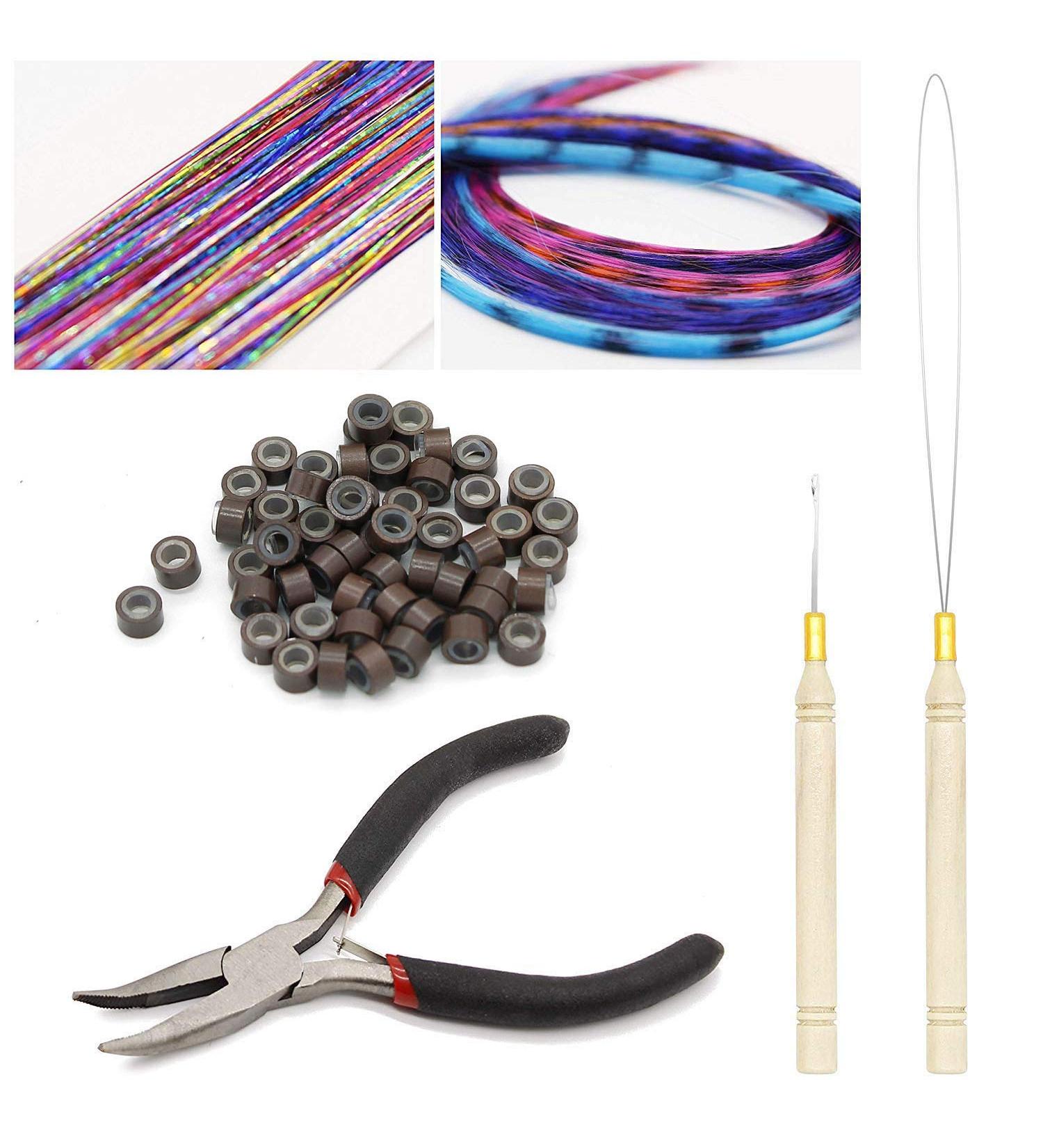 Ryalan Professional Hair Extension Kit with Plier, Hook, Bead Device, Loop Needle Tool, 200 Silicone Lined Micro Rings, 10 Feather Hair, 120 Tinsel Strands - Brown (200pcs) - Buy Online on GoSupps.com