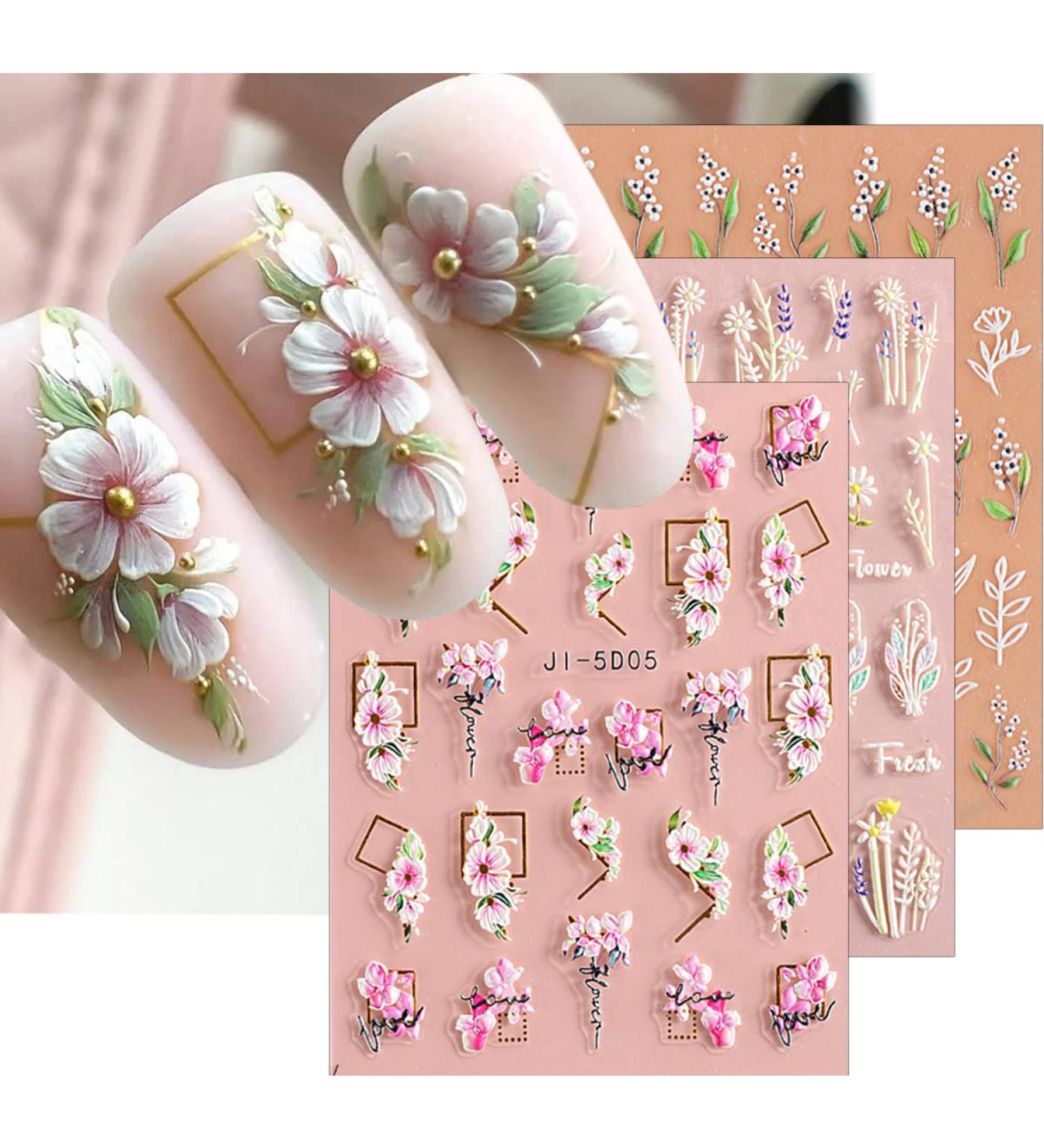 3D Embossed Flower Leaves Nail Art Stickers Decals - 4 Sheets | Self-Adhesive Summer Nail Supplies - Buy Online on GoSupps.com
