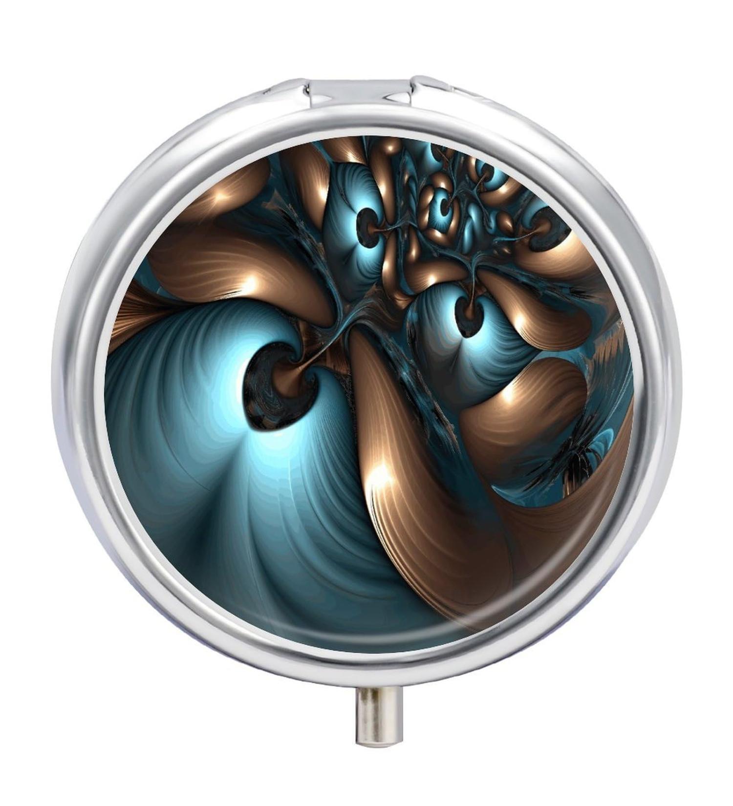 Decorative Round Pill Box - 3 Compartment Abstract Blue Brown Print | Portable Metal Pill Organizer for Travel - Buy Online on GoSupps.com