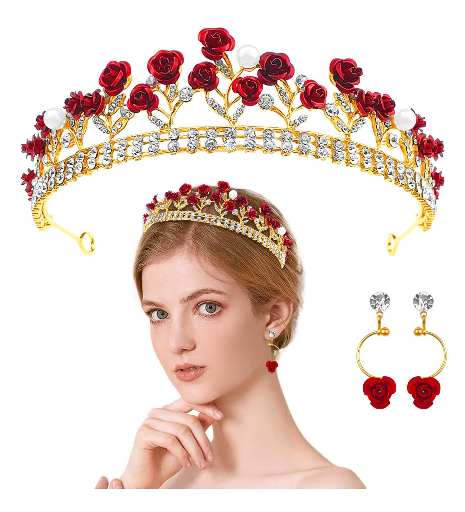 Red Rose Bridal Wedding Queen Crown Set - Gold Baroque Princess Tiara with Pearls, Crystals, and Rose Pendant - Ideal for Women and Girls - Buy Online on GoSupps.com