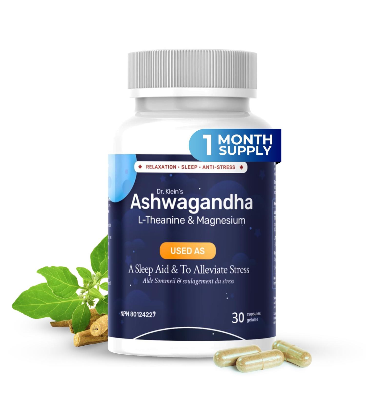 Dr. Klein's Ashwagandha 6000 mg 30:1 root extract 200mg per capsule 10% Withanolides. Sleep Aid Relaxation Stress Support with L-Theanine 200mg & Magnesium Bisglycinate 75mg Natural Cortisol Supplement. 30 Capsules. 30 count (Pack of 1) - Buy Online on GoSupps.com