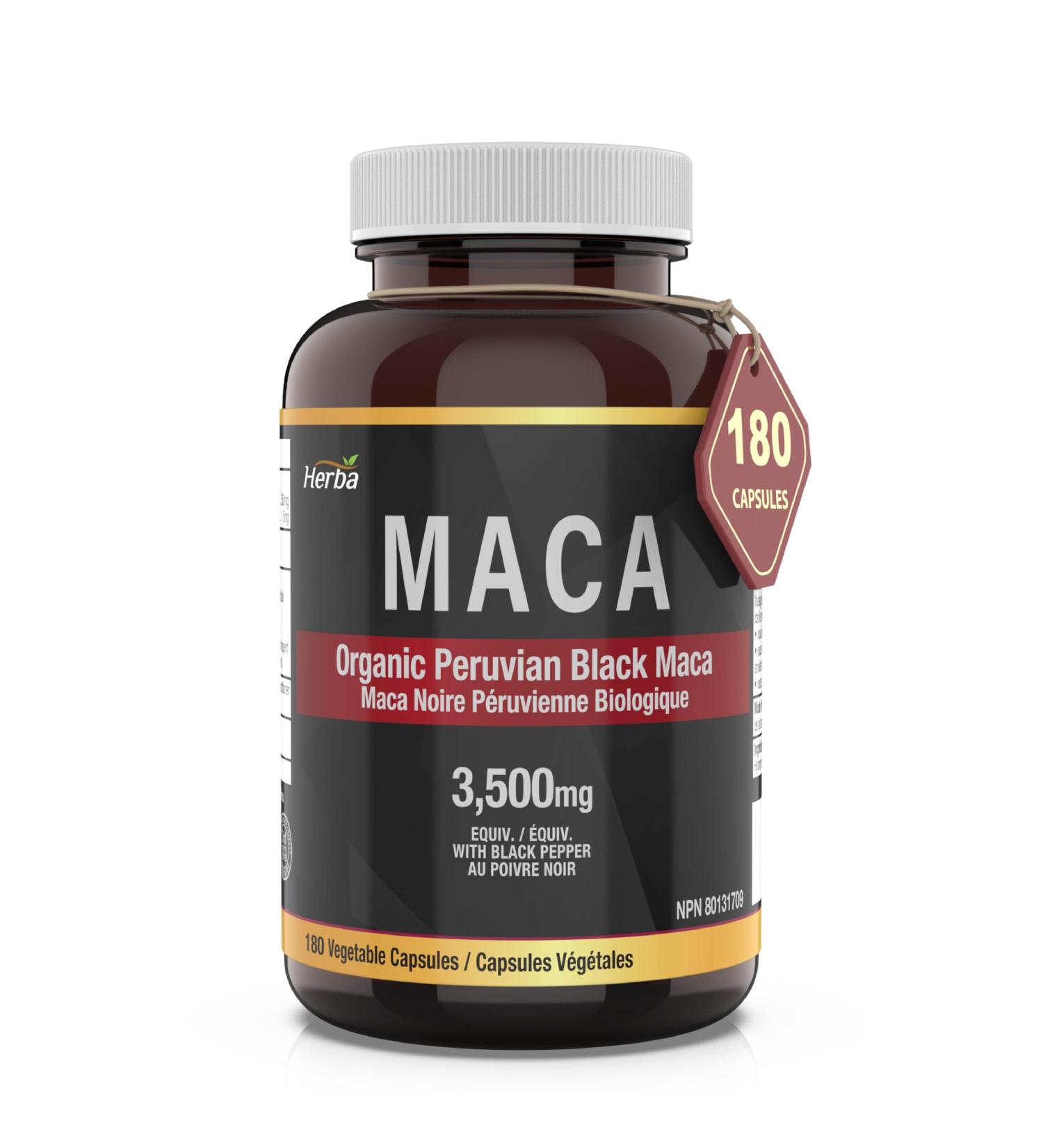 Herba Organic Black Maca Root for Men 3500mg 180 Capsules | Sourced from Peru | 10:1 Extract with Black Pepper | Premium Black Maca Root Capsules for Men & Women | Made in Canada - Buy Online on GoSupps.com