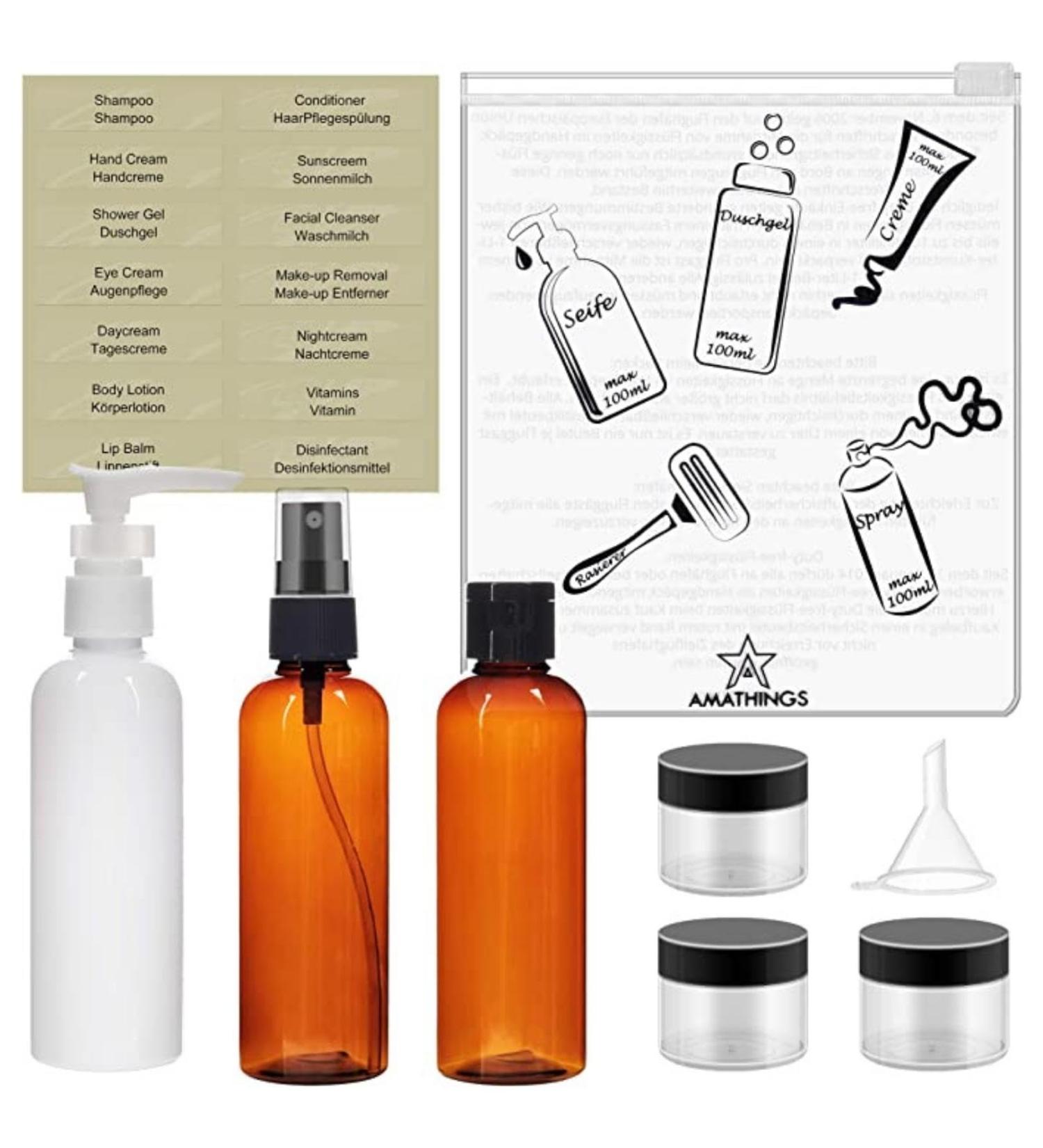 Amathings Travel Bottles Set - 100ml Refillable Containers for Liquids - Perfect for Hand Luggage - Durable Travel Cosmetics Bottles - Buy Online on GoSupps.com
