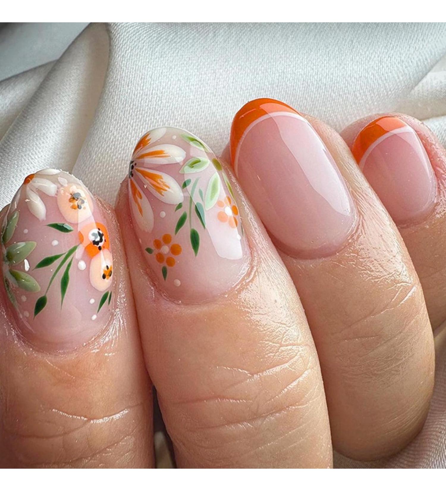 24Pcs Orange Flower French Tip Press On Nails - Short Almond Design for Women & Girls | Elegant Full Cover Acrylic False Nails for Autumn Manicure - Buy Online on GoSupps.com