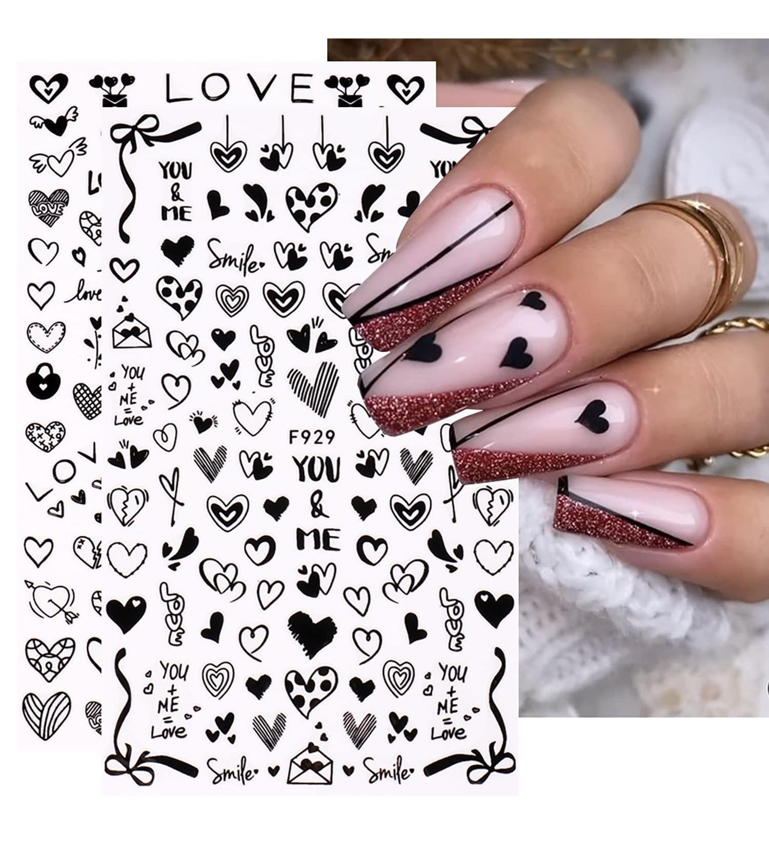 3D Heart Nail Art Stickers - Self-Adhesive Black White Hearts Decals for Acrylic Nails - Valentines Nail Decorations - For Women, Girls, Kids - 8 Sheets - Buy Online on GoSupps.com