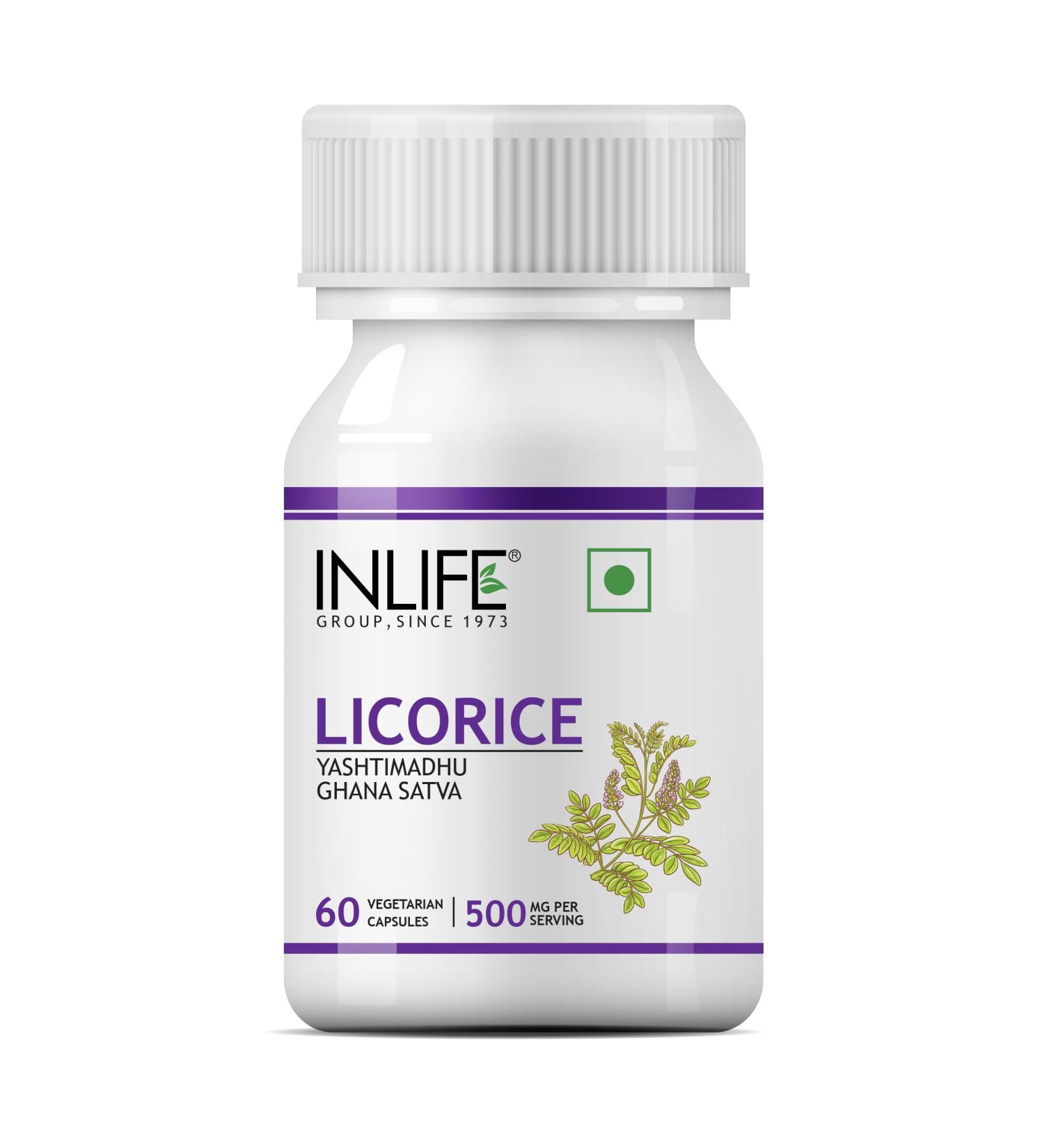 INLIFE Licorice Root Extract (Yasthimadhu) Standardized to 20% Glycyrrhizinic Acid Supplement 500 mg - 60 Vegetarian Capsules - Buy Online on GoSupps.com