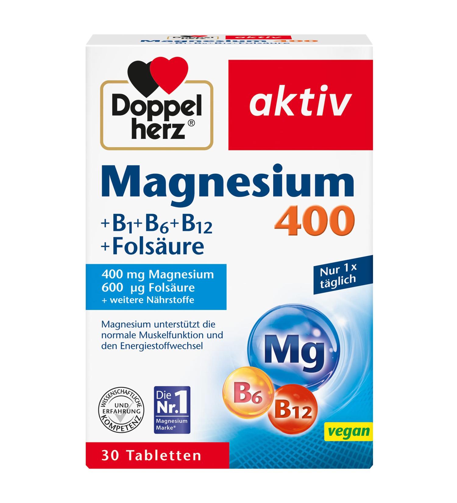 Double Heart Magnesium 400 + B6 + B12 + Folic Acid - 30 Vegan Tablets for Muscle Function & Energy Metabolism - Buy Online on GoSupps.com