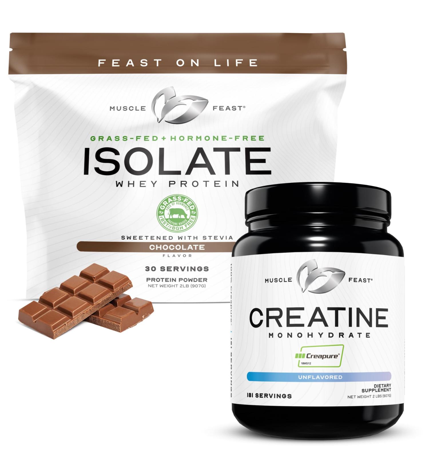 Muscle Feast Creatine + Isolate Bundle: 1 Creatine Powder (Unflavored 2lb) + 1 Whey Protein Isolate (Chocolate 2lb) | Premium Supplements Vegetarian Gluten Free - Buy Online on GoSupps.com