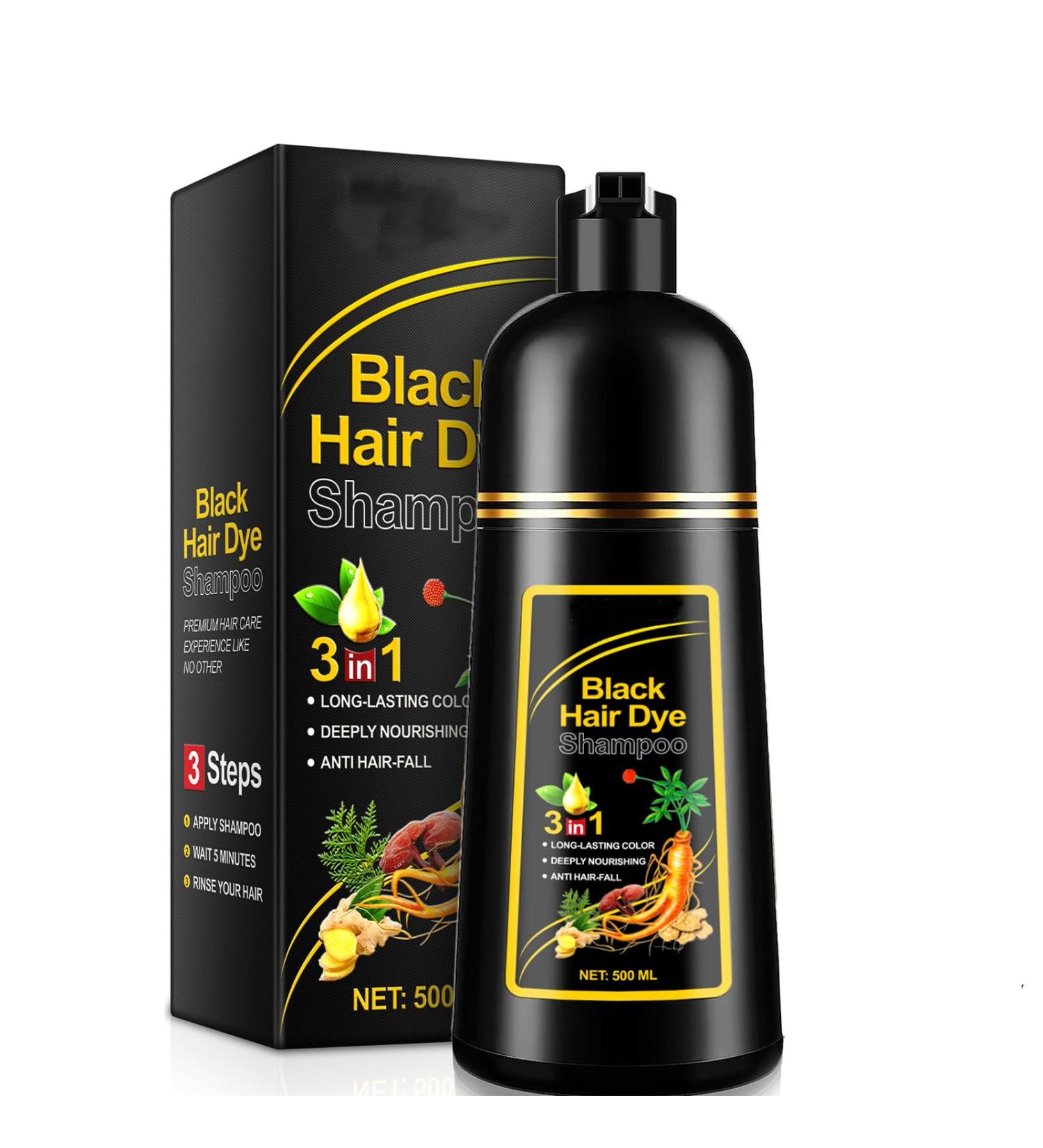  QINGZY Natural Herbal Instant Black Hair Dye Shampoo 3-in-1 Instant Black Hair Dye for Women and Men Plant-Based Ingredients Fast-Acting Formula 500 ml - Buy Online on GoSupps.com