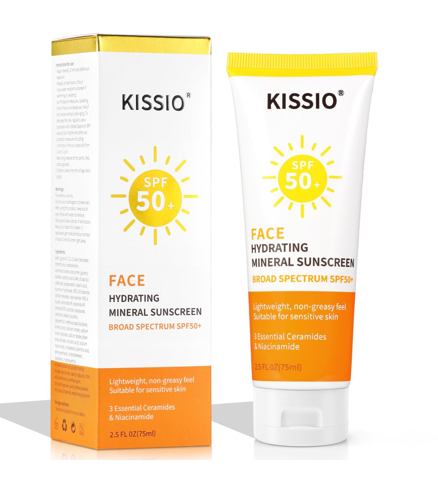 KISSIO Sunscreen For Face,with Zinc Oxide and Titanium Dioxide,Broad Spectrum Sunscreen,SPF 50,Hydrating Mineral,Non-greasy,Suitable for Sensitive Skin,2.5 FL OZ - Buy Online on GoSupps.com