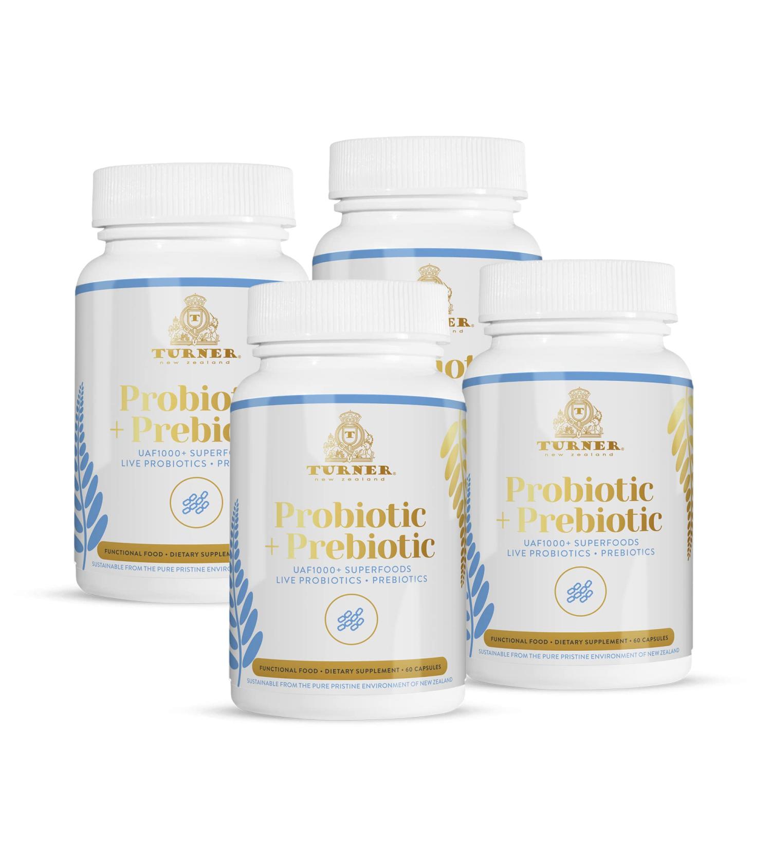 TURNER Probiotic+Prebiotic 18 Bacteria Strains 60 Billion CFU UAF1000+ Super Antioxidant 360 Capsules 4 Bottles