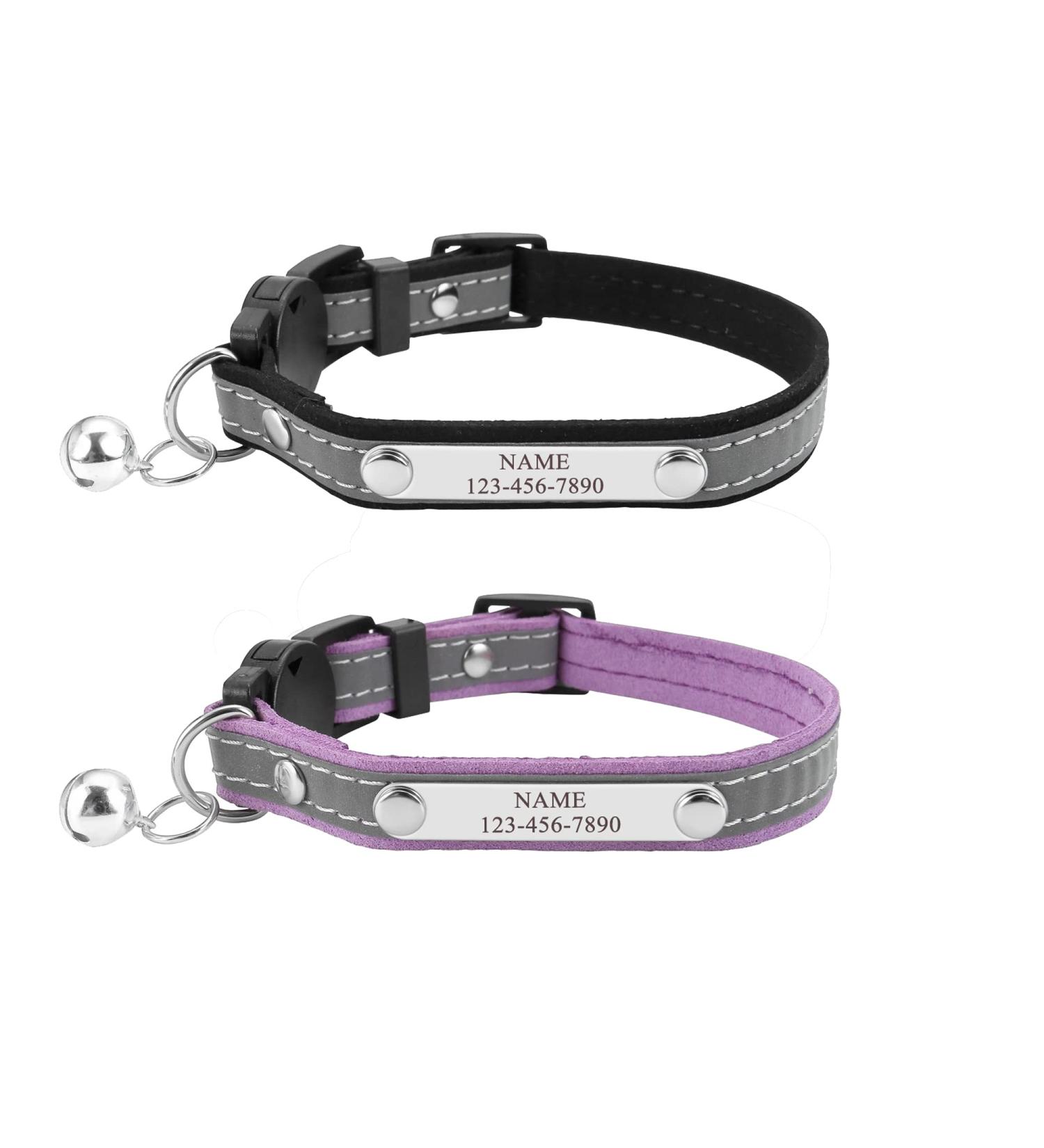 Personalized Reflective Cat Collar - Mogokoyo 2-Pack Bells Neck Band with Safety Clasp - Adjustable Cat Collar (Black & Purple) - Buy Online on GoSupps.com