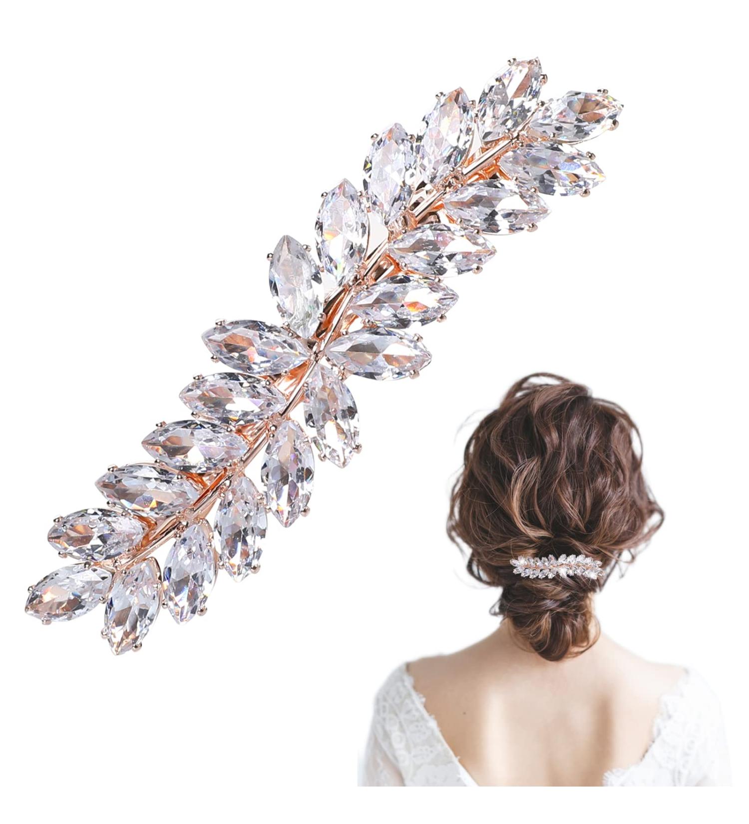 Rhinestone Hair Clip - Sparkly Crystal Hair Barrette for Women - Wedding Bridal Flower Leaf Design - Rose Gold - 1 Pc - Buy Online on GoSupps.com