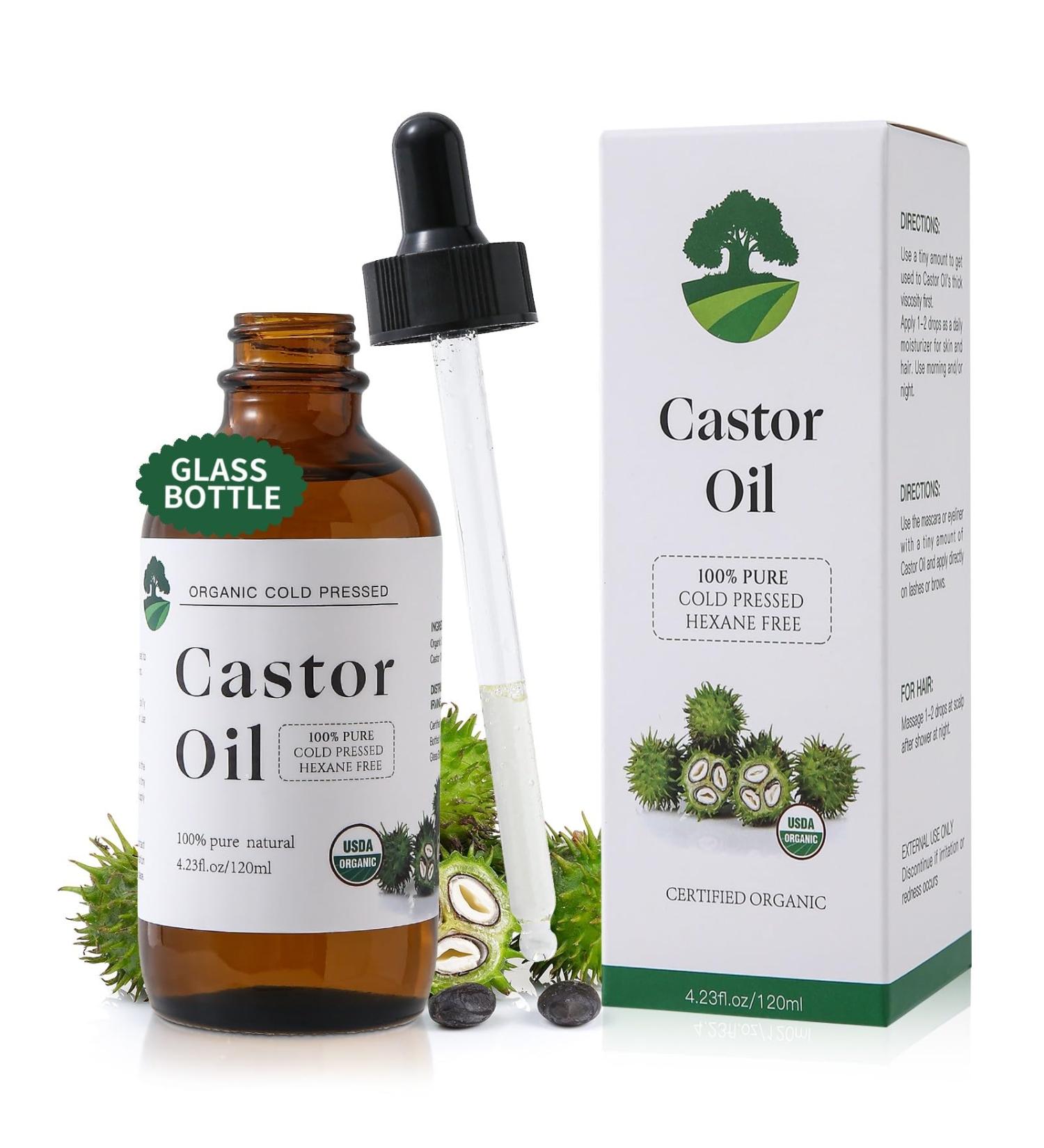 Organic Cold Pressed Castor Oil - Unrefined Hair Growth & Care in Glass Bottle | Hexane Free Certified for Thicker Eyelashes & Eyebrows (4.23 Fl Oz - Buy Online on GoSupps.com