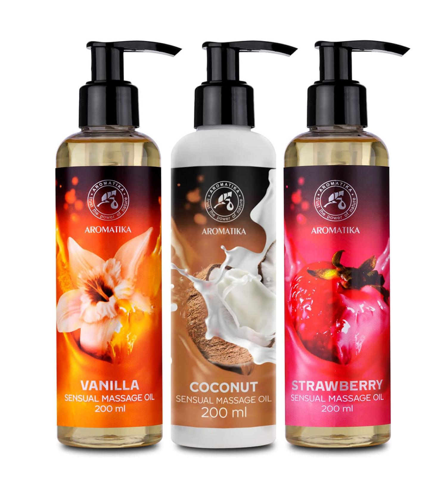 Sensual Massage Oil - Vanilla Coconut & Strawberry - Edible Body Massage Oil with Almond & Grape Seed Oil | Relaxation & Intimacy (3x200ml) - Buy Online on GoSupps.com