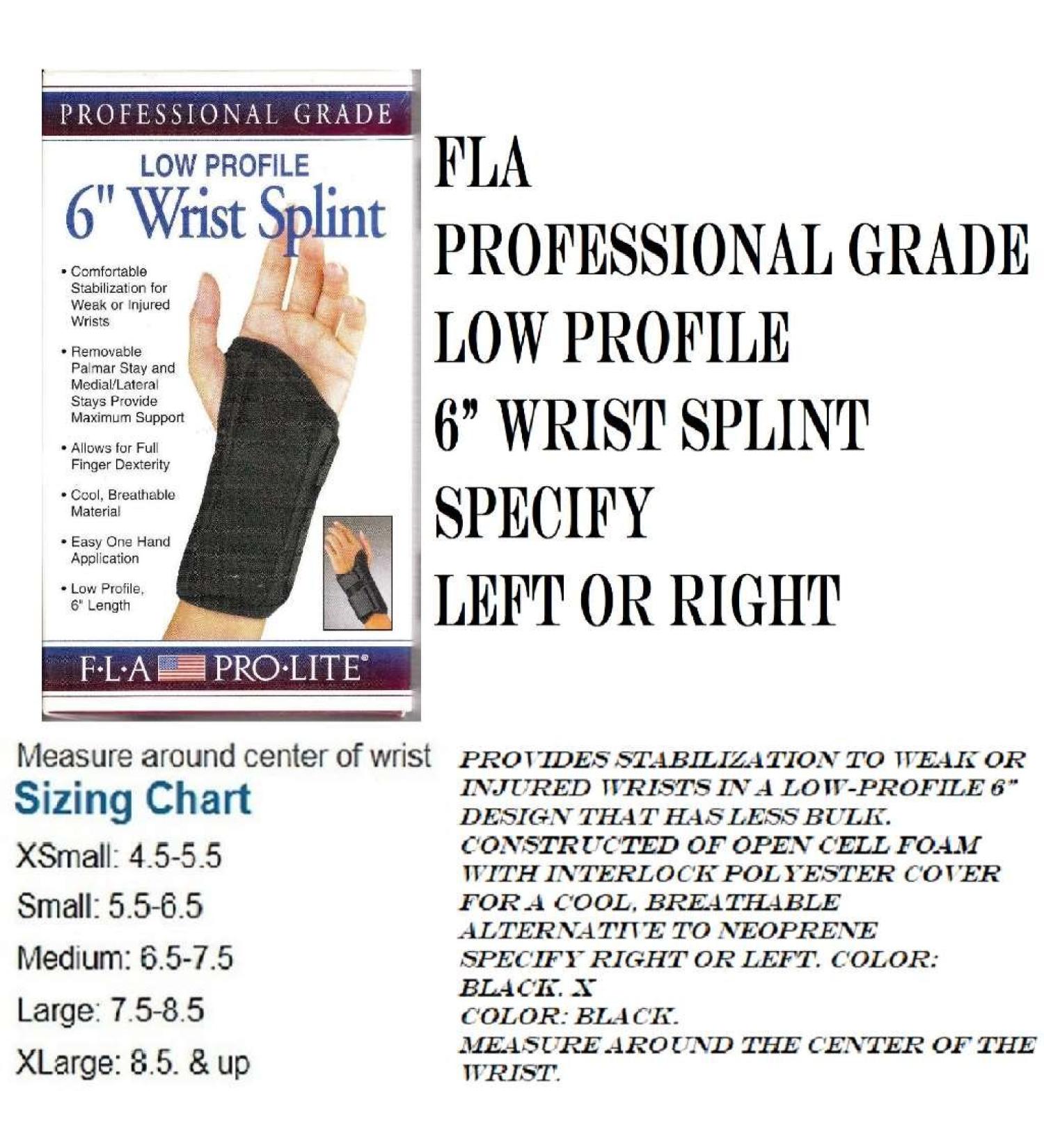Florida Orthopedics Prolite Low Profile Wrist Splint Black Left Medium