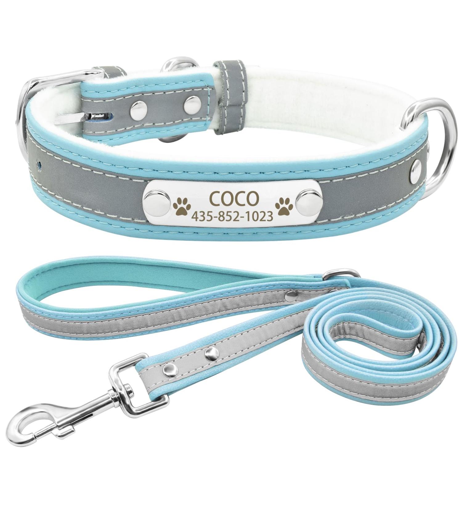 Senristar Personalized Reflective Dog Collar & Leash Set - Custom Engraved Dog Tape with Name Tag for Small Medium & Large Dogs & Cats (1.5 cm Width 25-32 cm Neck) - Blue - Buy Online on GoSupps.com