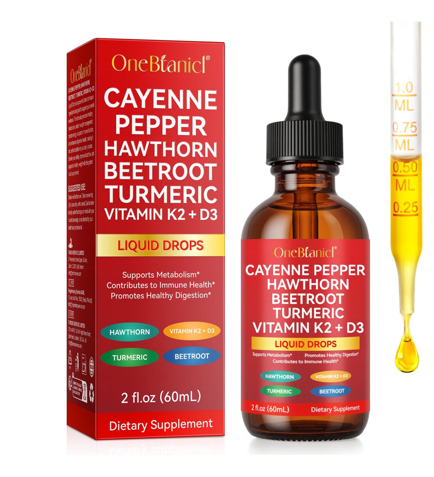 Organic Cayenne Pepper Drops 60ml Cayenne Pepper Hawthorn Beet Root Turmeric Vitamin k2 d3 Boosts Metabolism Aids Digestion Strengthens Immunity - Buy Online on GoSupps.com