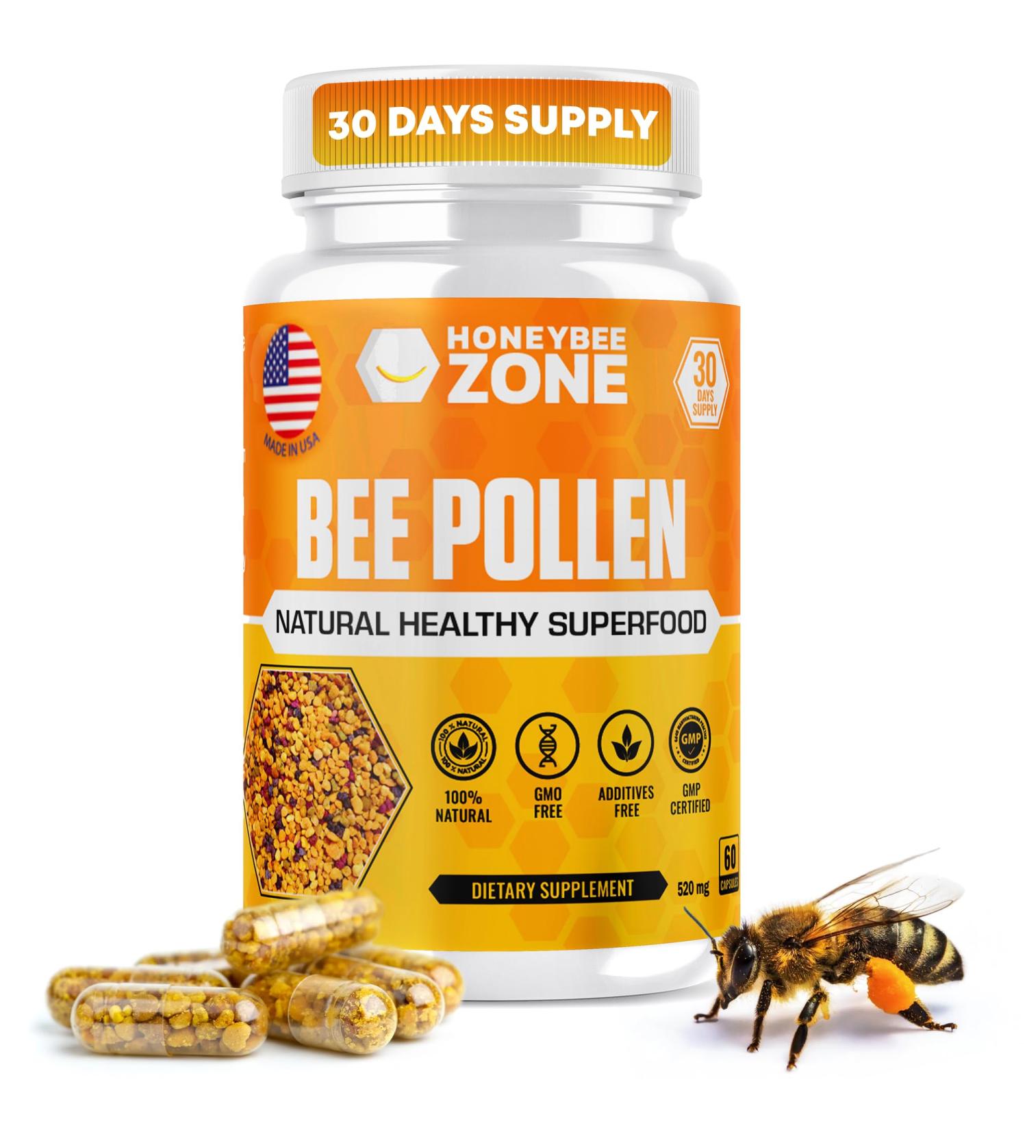 HONEYBEEZONE 100% Raw Bee Pollen Granules in 60 Veggie Capsules High in Essential B-Complex for Metabolism & Energy - Gluten Free & Non-GMO - Protein & Antioxidants Immune Support & Vitality - Buy Online on GoSupps.com