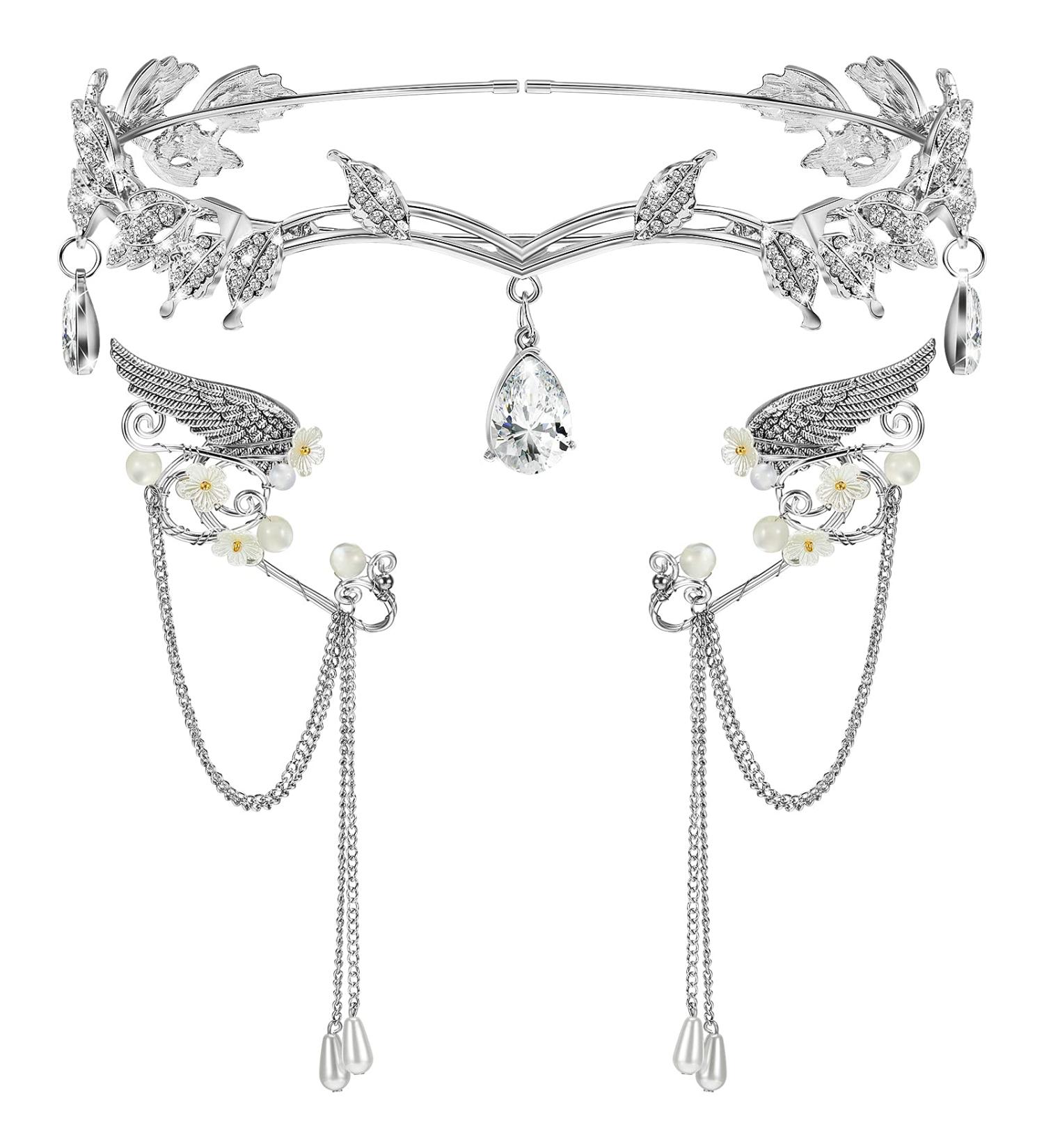 Rhinestone Leaf Headband and Elf Ear Cuffs Set - Cosplay Accessories in Silver - Buy Online on GoSupps.com