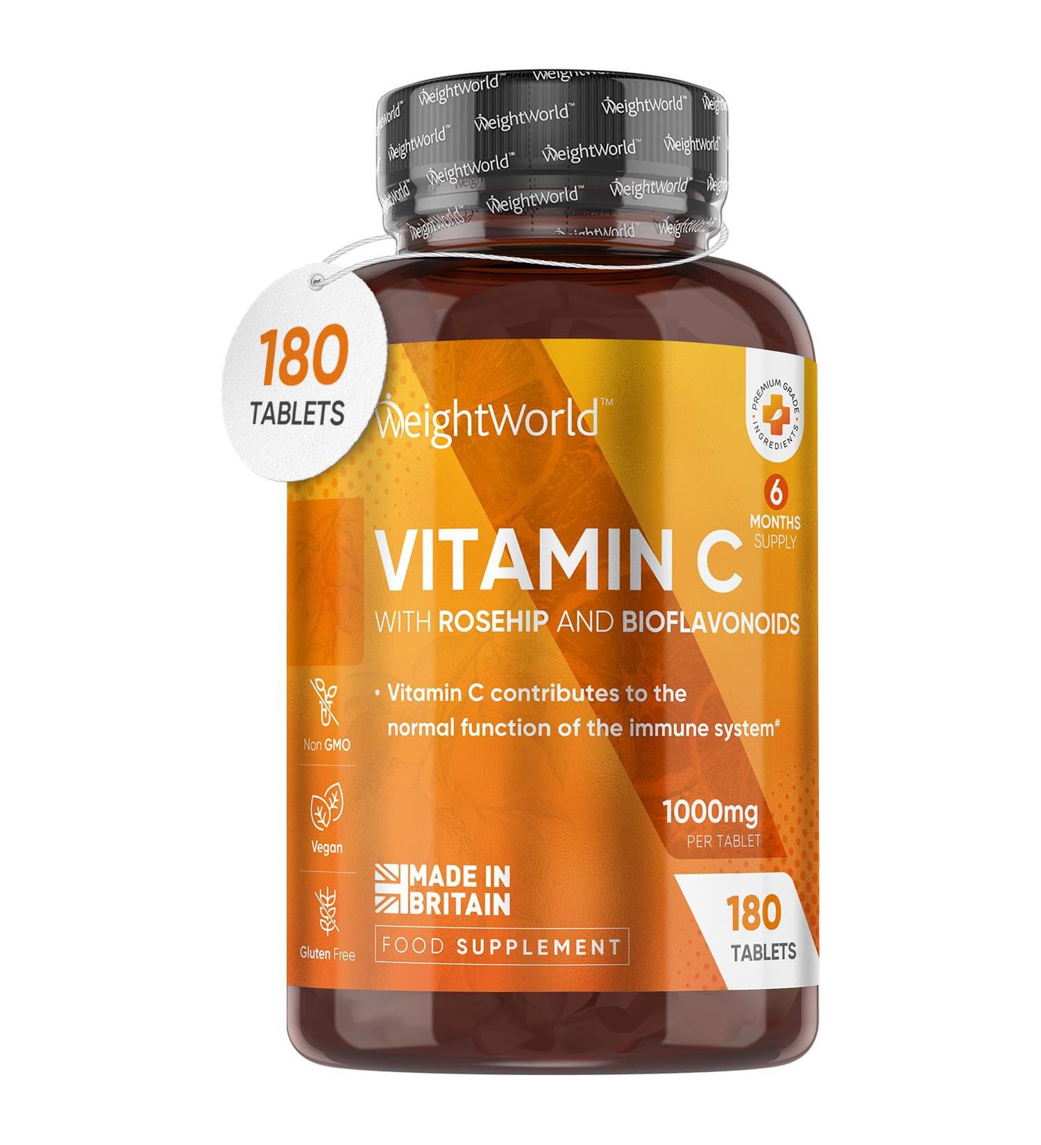 Vitamin C 1000mg High Strength Tablets with Rosehip & Bioflavonoids - Vegan Immune System Boost for Men & Women - Buy Online on GoSupps.com