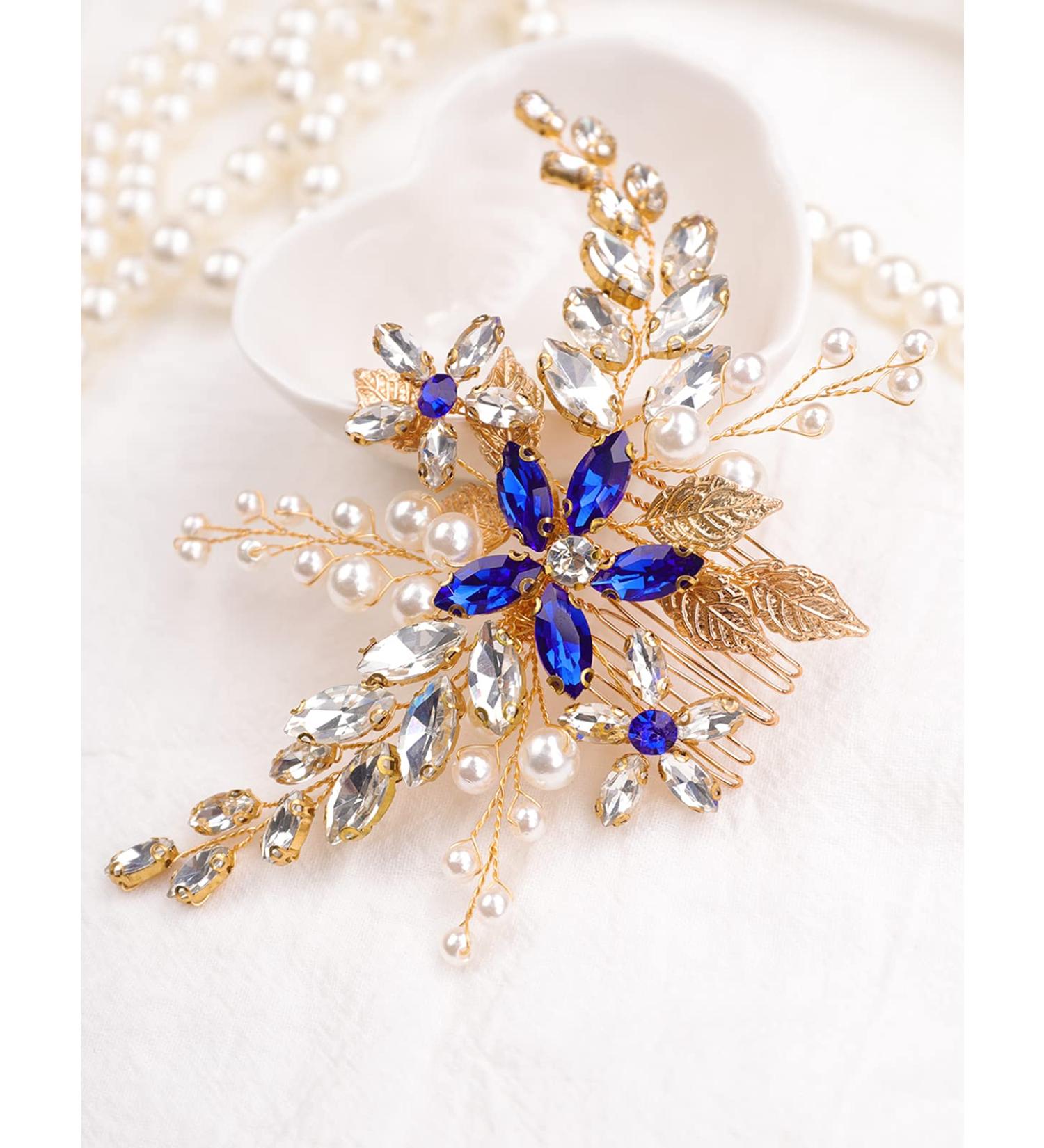 BERYUAN Women Sapphire Crystal Blue Flower Headpiece Leaf Pearl Hair Vine Comb Gold Wedding Hair Accessory Gift for Her Party Headpiece for Bride Bridesmaid Girls (Gold) - Buy Online on GoSupps.com