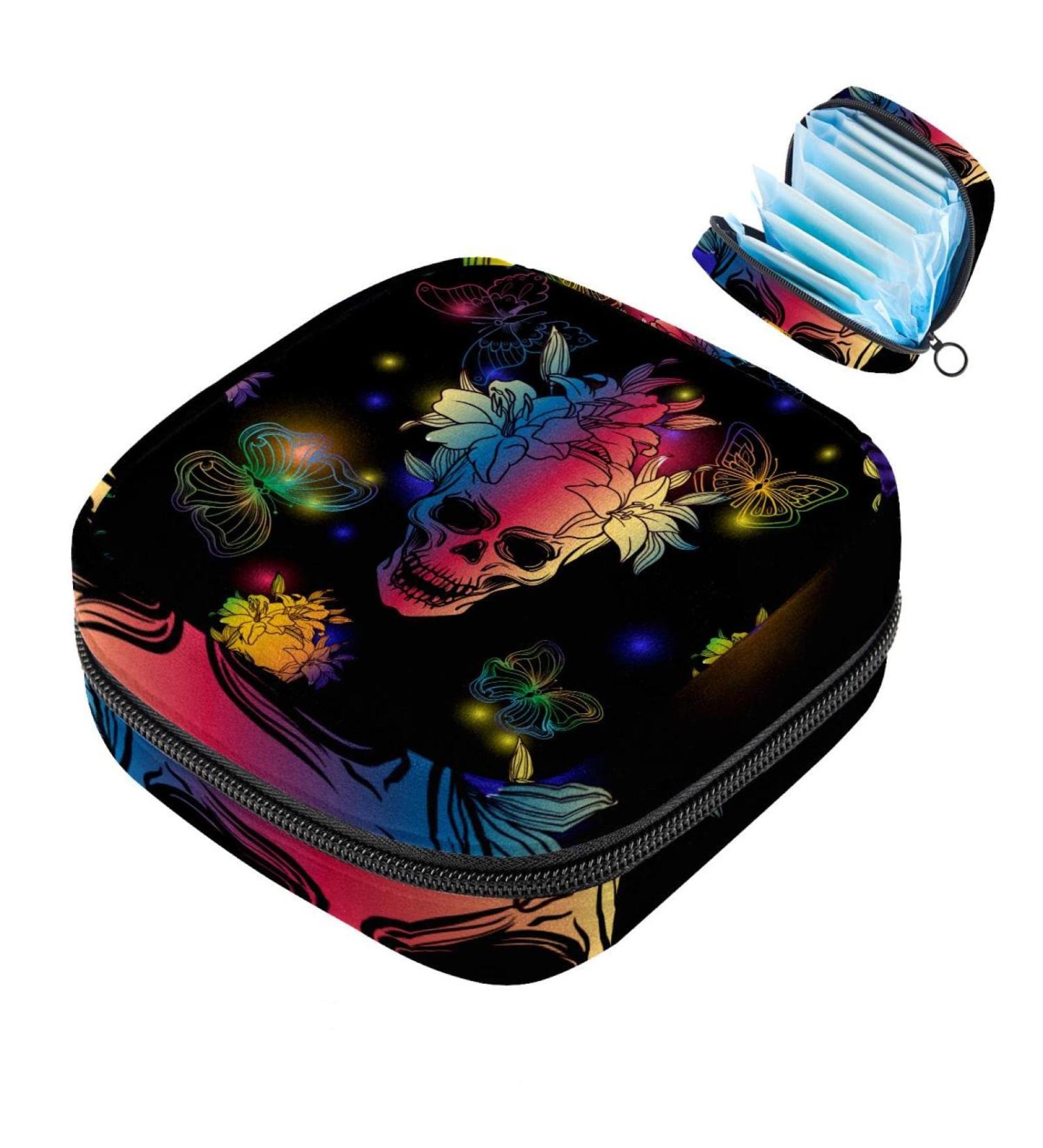 Colorful Fashionable Women's Napkin Storage Bag with Skull Motif - Portable Zipper Bag for Teens & Women - Buy Online on GoSupps.com