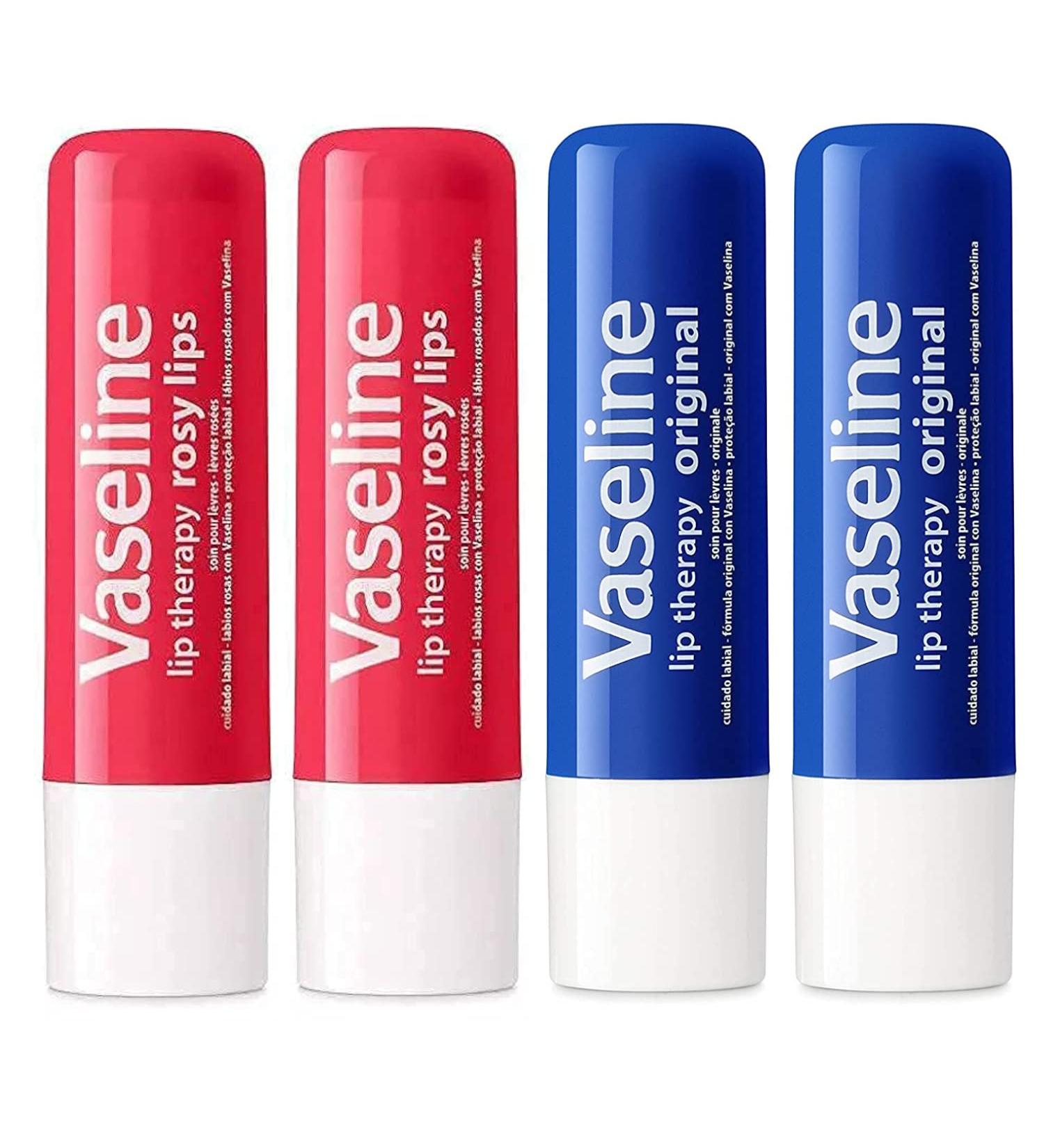 Vaseline Lip Therapy Stick Rosy Lips & Original Variety Pack | 4.8g (4 Pack) - Petroleum Jelly Lip Balm - Buy Online on GoSupps.com