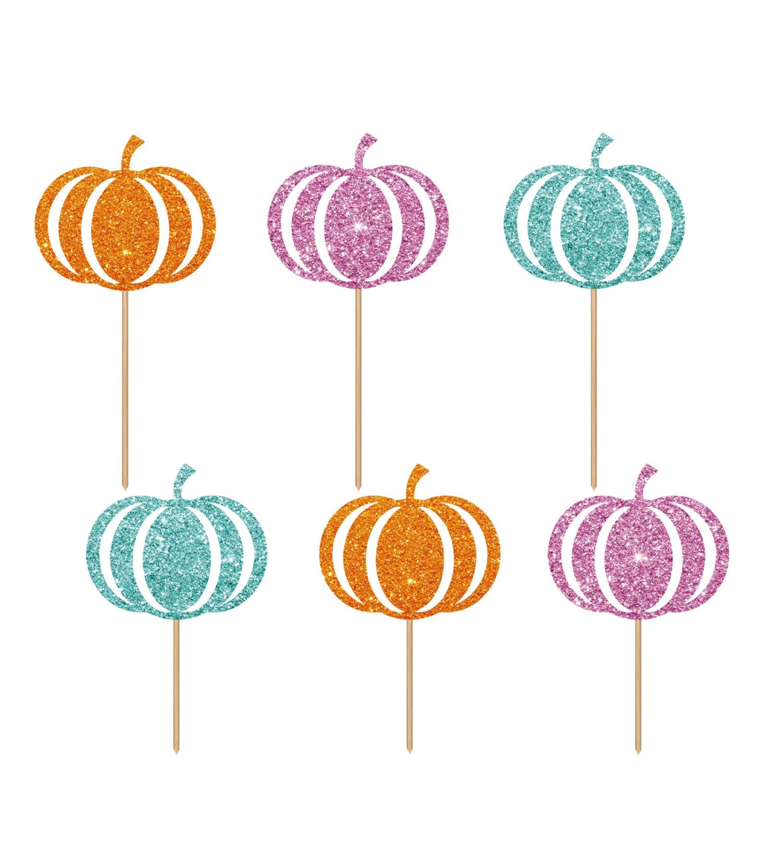 Pumpkin Cupcake Toppers Baby Shower Food Picks Orange&Pink&Blue Glitter Fall Themed Birthday Party Decoration Supplies - Buy Online on GoSupps.com