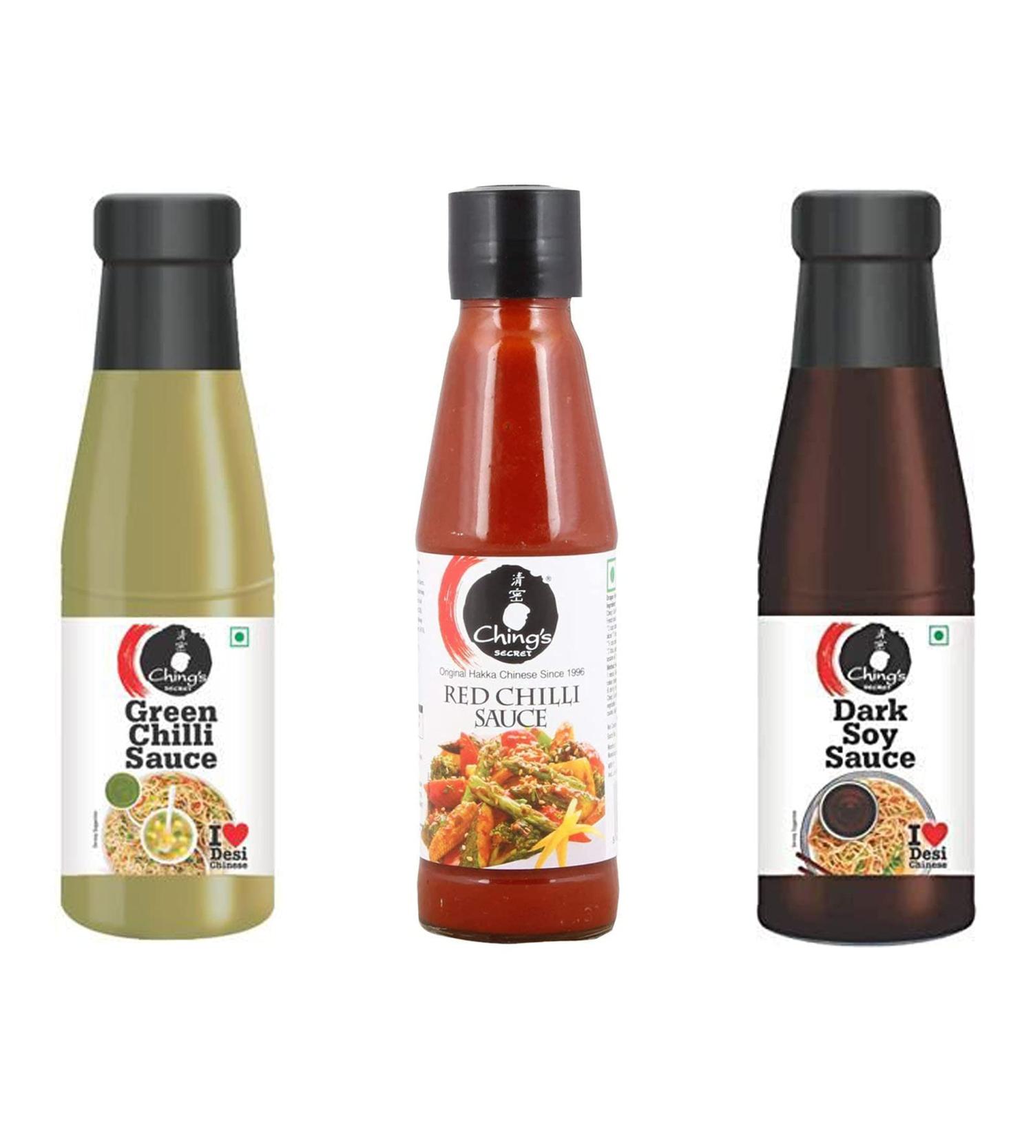 Ching s Set of 3 Sauces - Green Chilli Sauce 190g / Dark Soy Sauce 200g / Red Chilli Sauce 190g - Made from The Finely Selected Ingredients - Buy Online on GoSupps.com