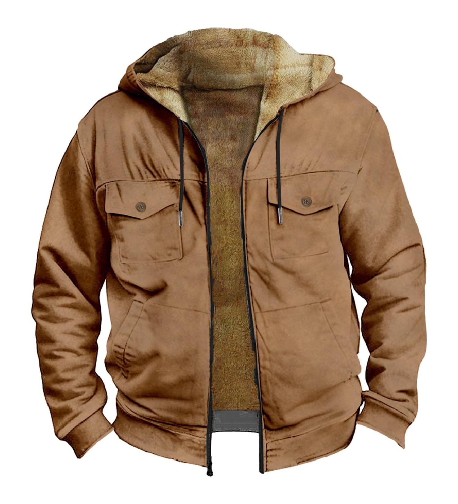 Hanxiulin Men's Fleece Jacket - Plush Hooded Sweatshirt Windproof & Thick Quilted Coat in Brown - XXL Elegant Comfort - Buy Online on GoSupps.com