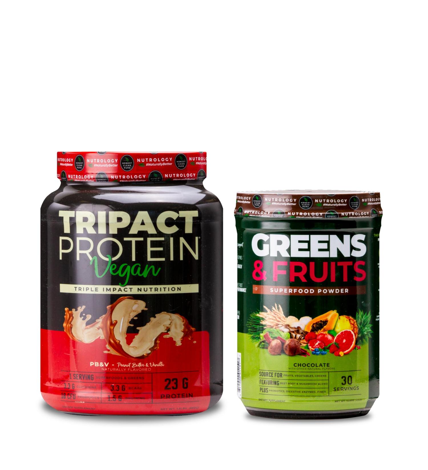 Nutrology Greens & Fruits Powder-Naturally Sourced Superfood Chocolate (30 Servings) TRIPACT Vegan Protein Powder for Vegan Protein Shakes Peanut Butter Vanilla (20 Servings) - Buy Online on GoSupps.com