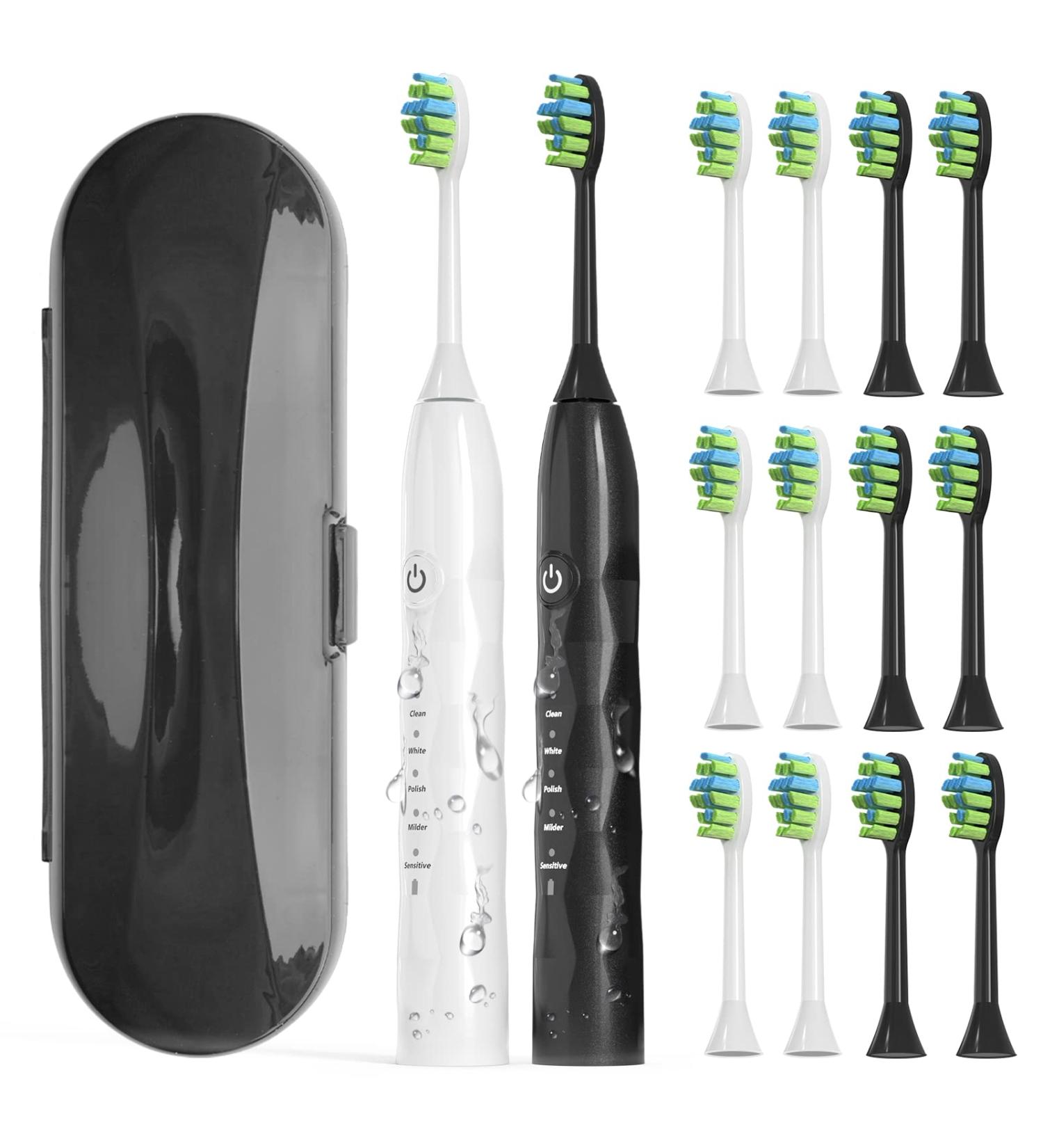 Rechargeable Sonic Electric Toothbrush 2 Pack with Travel Case - 40,000VPM Soft Toothbrushes for Adults and Kids - 5 Modes, Smart Time - Includes 12 Brush Heads - Black/White - Buy Online on GoSupps.com
