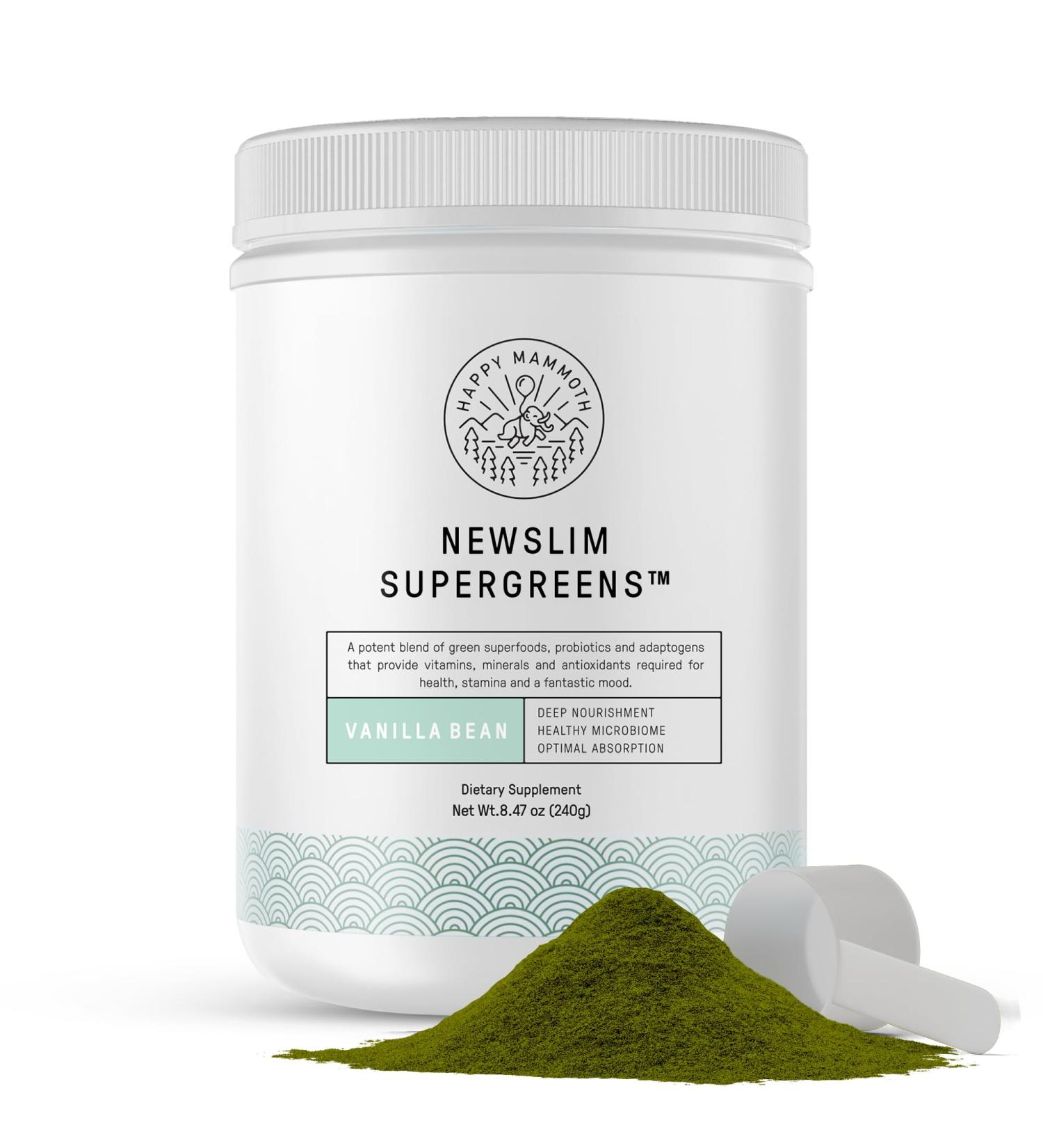Happy Mammoth NewSlim SuperGreens with Spirulina Chlorella & Prebiotics Blend for Adults Supports Metabolism Energy & Reduces Carb Cravings 24 Servings Vanilla Flavor - Buy Online on GoSupps.com