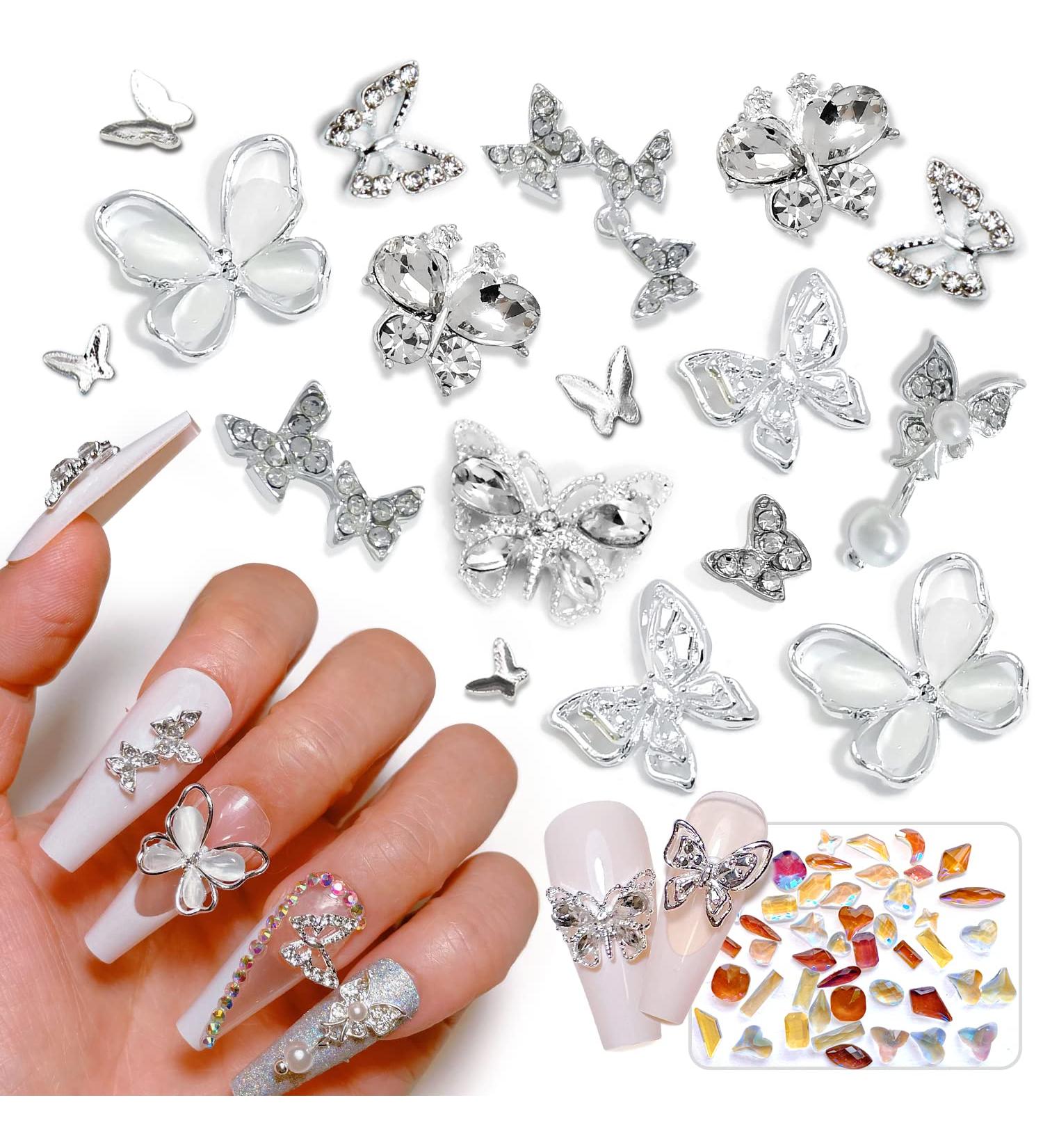 90 PCS 3D Butterfly Nail Rhinestones Charms - Silver Metal Acrylic Nail Art Gems Set - Buy Online on GoSupps.com