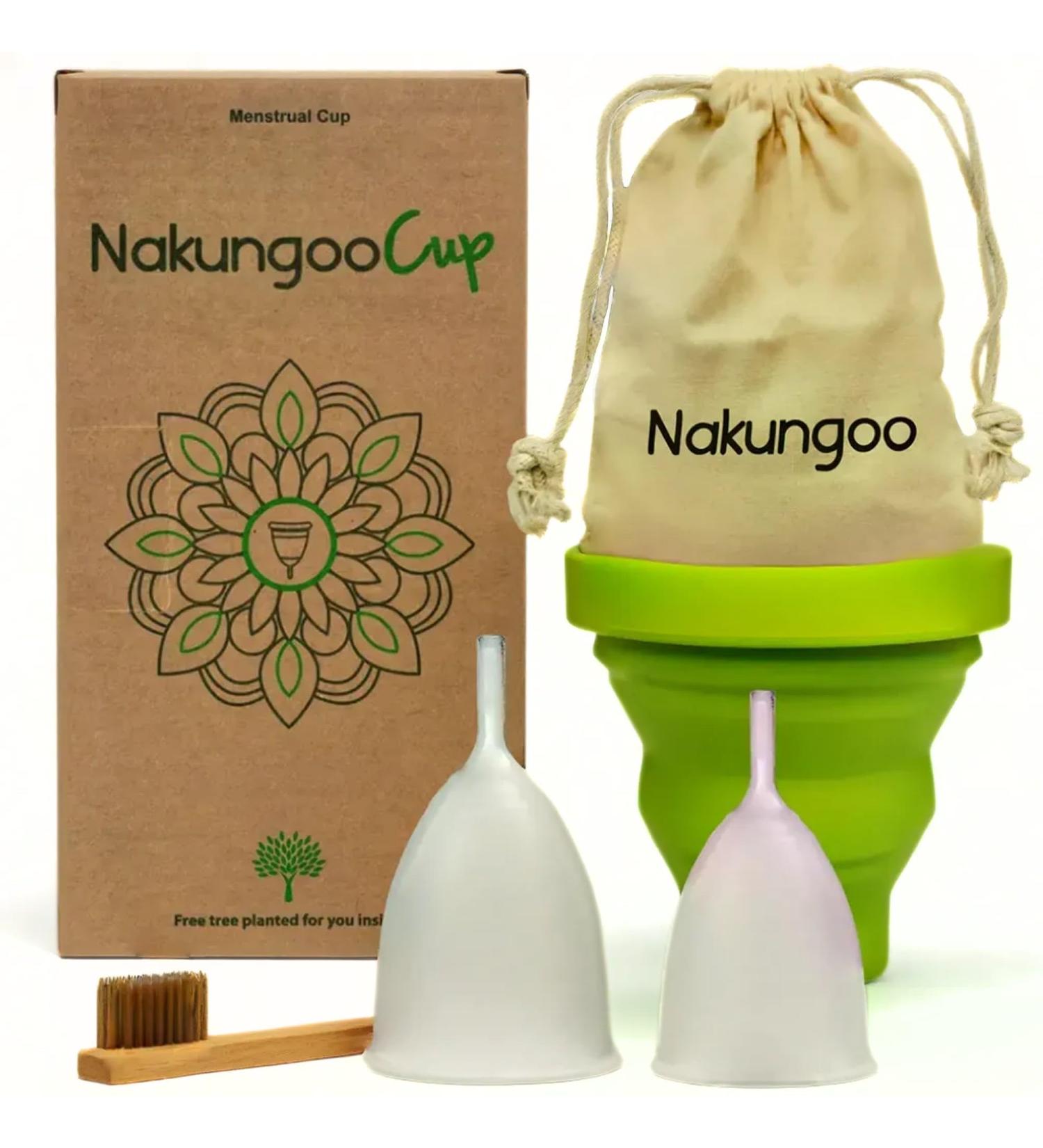 Nakungoo Cup Menstrual Cup - Soft 100% Medical Silicone Eco-Friendly Reusable for Heavy Bleeding | 2 Sizes (S & L) + Sterilizer Bag & Brush - Buy Online on GoSupps.com