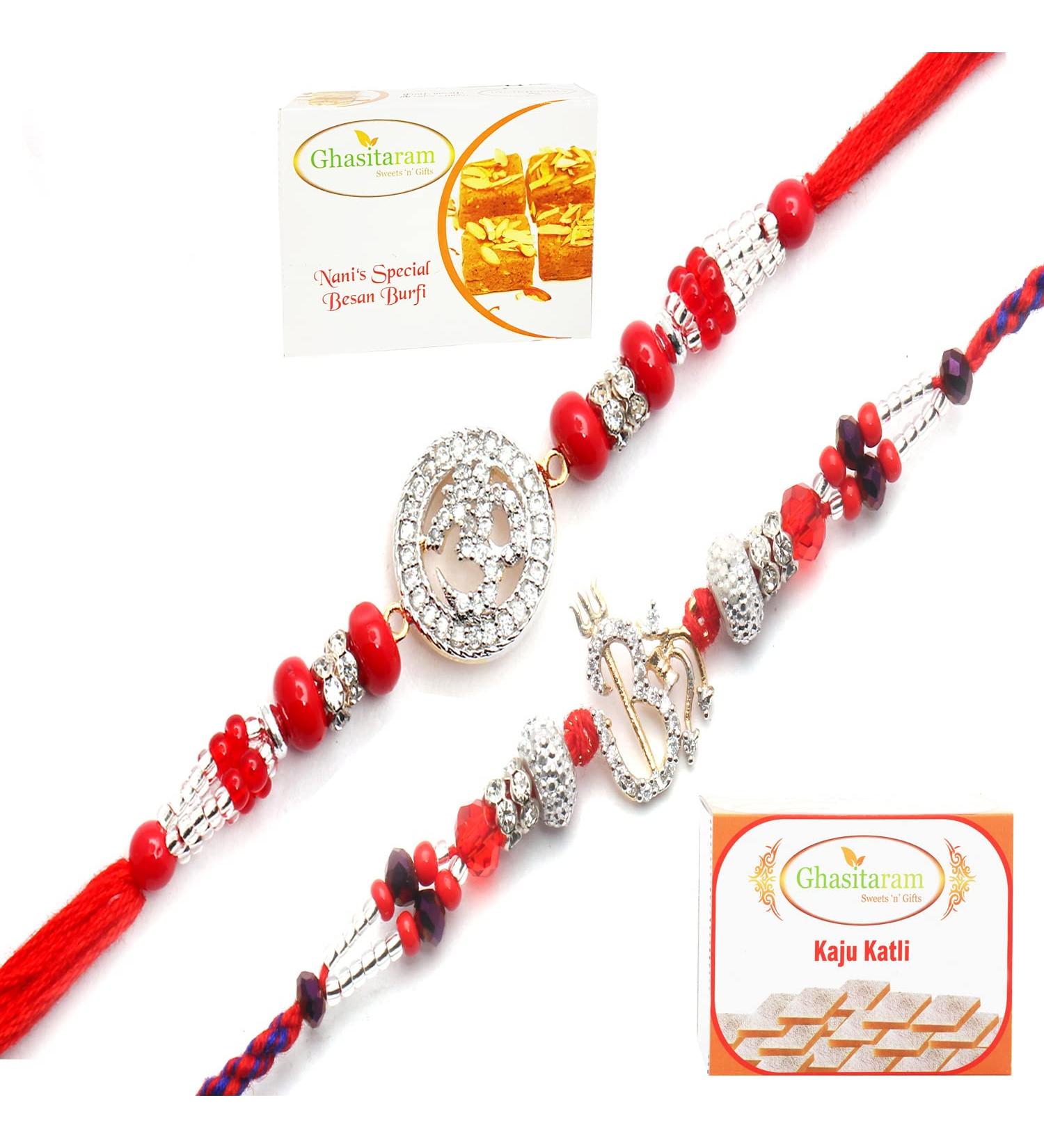 Ghasitaram Gifts Rakhi for Brother Rakhis Online - Set of 2 Chants of Om and Blessings of The Highest Aura Premium Rakhis with 200 GMS of Besan Barfi and 200 GMS of Kaju Katli - Buy Online on GoSupps.com