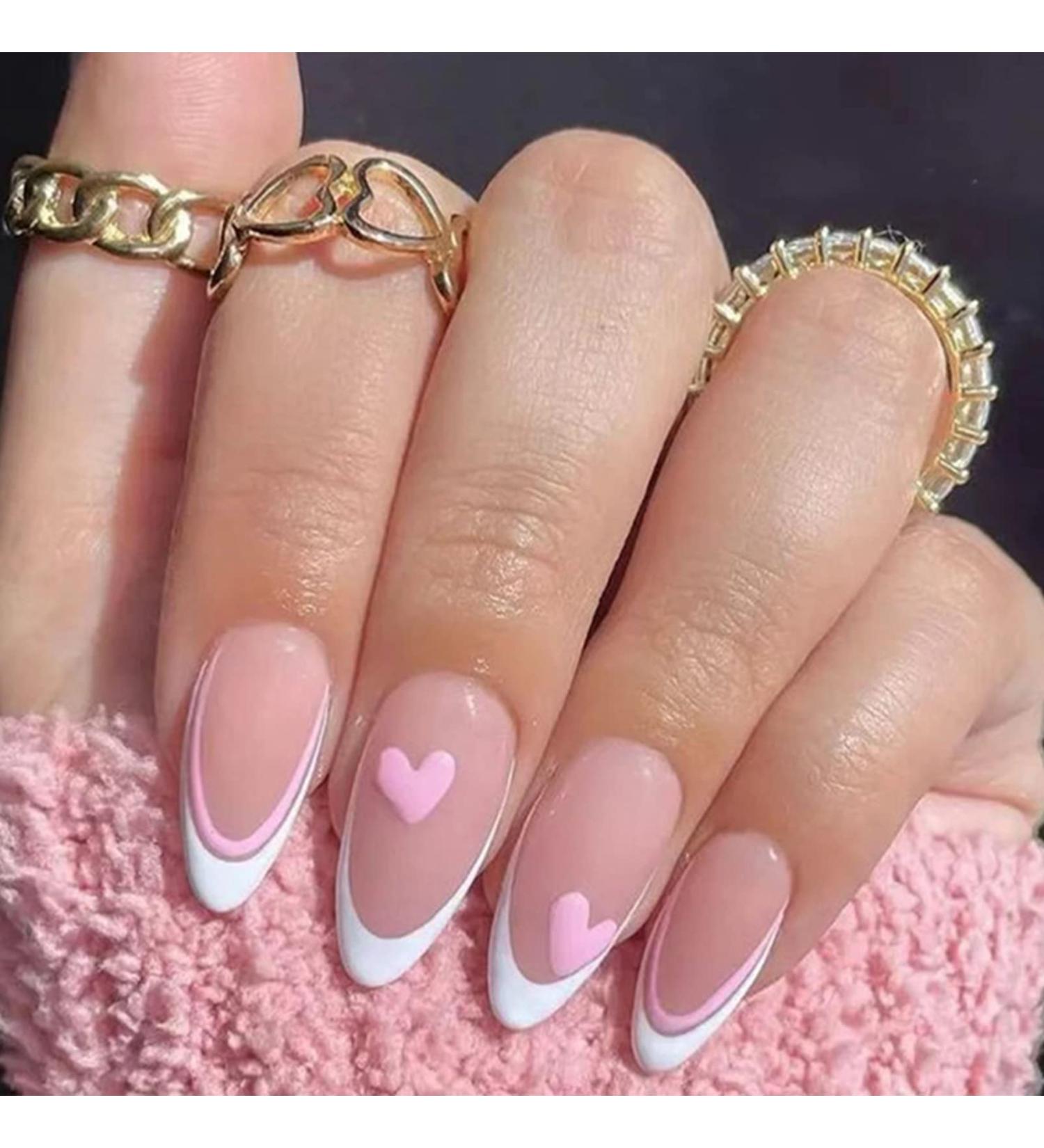 False Nails Medium Length Almond Pink French Stick on Nails - 24pcs with Glue | Elegant Ballet Heart Design | Sweet Fake Nails for Women Girls DIY - French Love - Buy Online on GoSupps.com