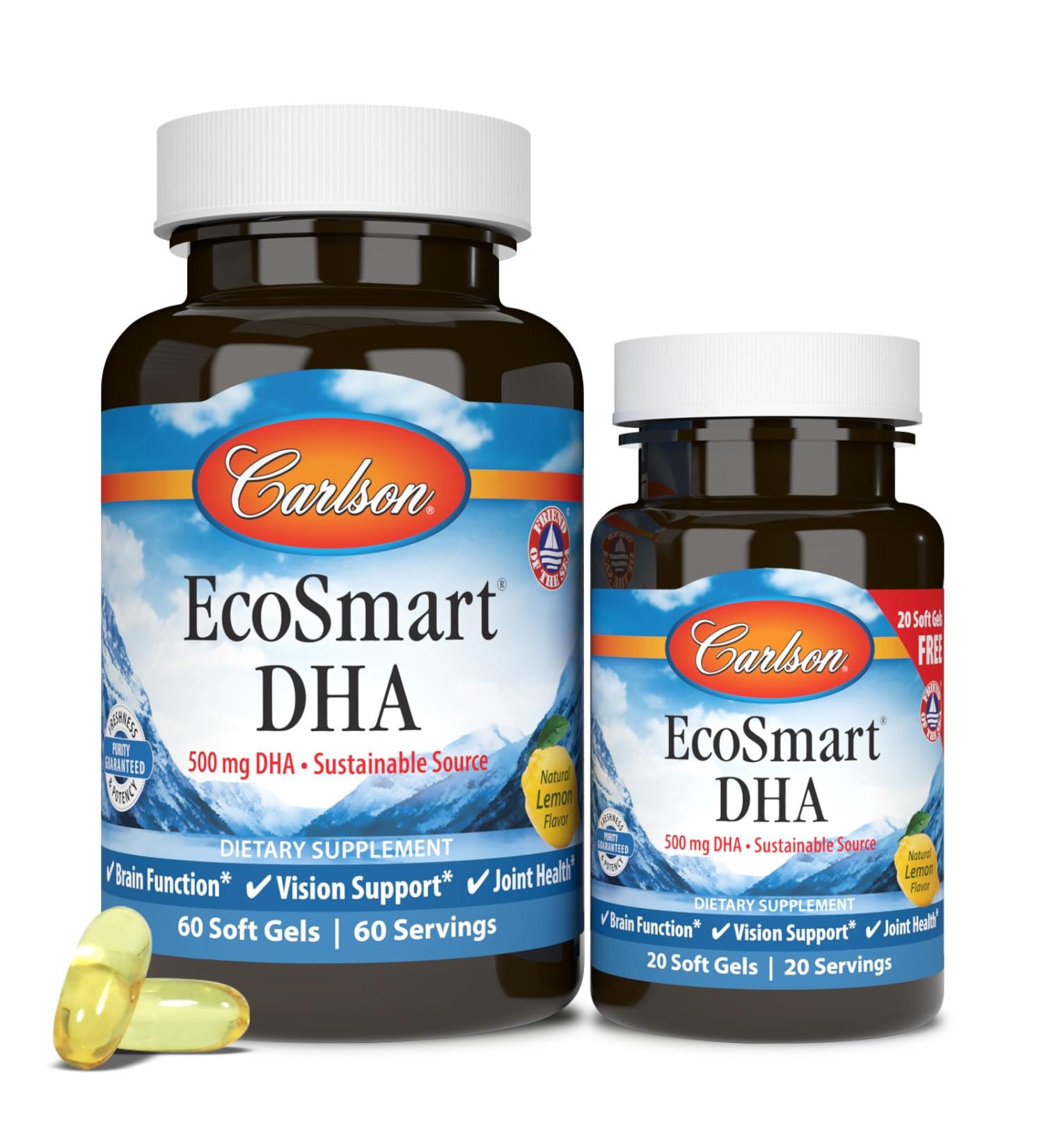 Carlson - EcoSmart DHA 500 mg DHA Sustainable Source Healthy Vision & Brain Function Lemon 60+20 Softgels 40 Count (Pack of 2) - Buy Online on GoSupps.com