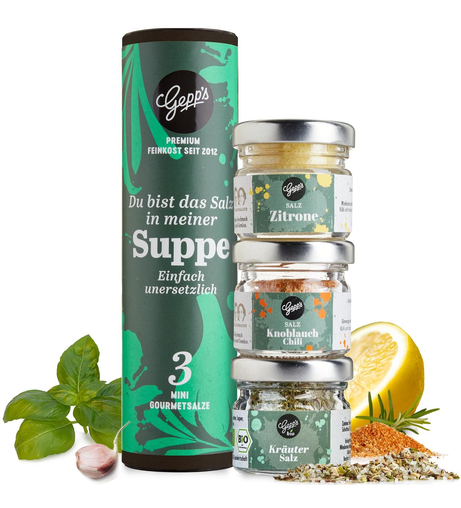 Gepps Delicatessen Gift Set - 3 Mini Salt Flavors: Lemon Salt Chili-Garlic Salt & Organic Herb Salt | Perfect Spice Gift Idea for Inauguration Parties & Birthdays - Buy Online on GoSupps.com