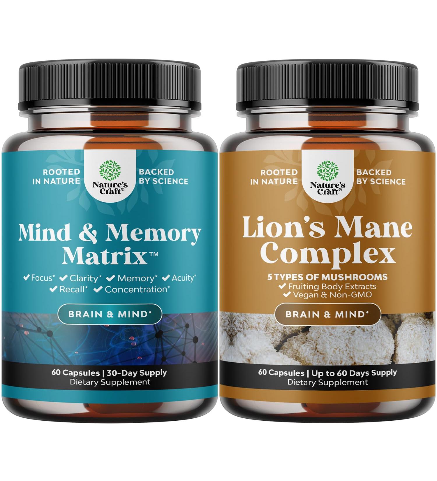 Bundle of Matrix Nootropic Brain Supplement for Memory and Focus Enhancement. Vitamins for Mental Health & Clarity and Advanced Lion's Mane Mushroom Supplement Capsules for Brain Health & Focus - Buy Online on GoSupps.com
