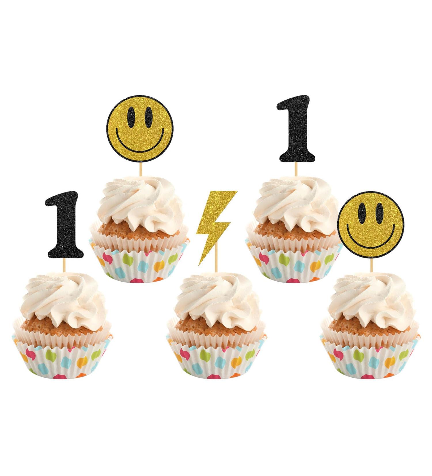 INNORU One Happy Dude Birthday Cupcake Toppers Smile Face 1st Birthday Party Decorations Smiley Face Baby Shower Hippie Birthday Wedding Party Decorations Supplies Pack of 24 Glitter - Buy Online on GoSupps.com