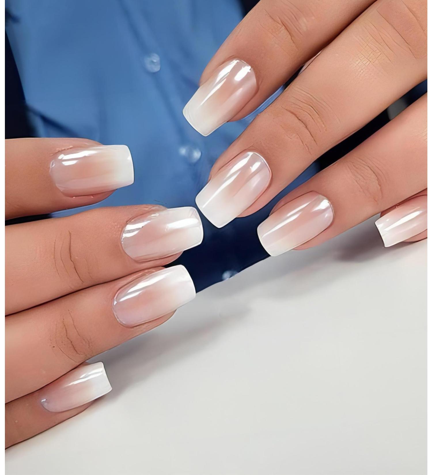 Square Press On Nails Medium - Aegenacess Nude White Ombre | 24 Nail Kit with Jelly Stickers & 12 Sizes - Glazed Design for Women - Buy Online on GoSupps.com