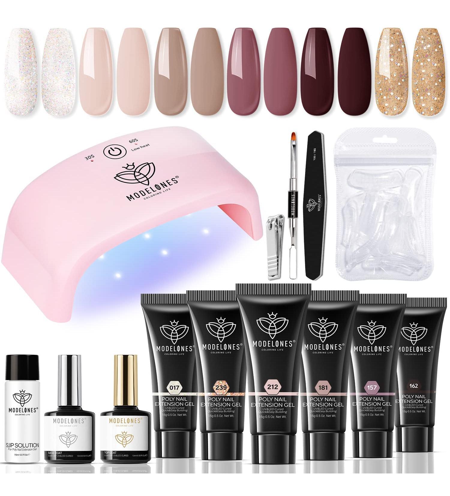 Modelones Polygel Starter Set with UV Lamp 20W Brown Glitter & 6 Colors for DIY Acrylic Nails | Perfect for Valentine's Day Nail Design - Buy Online on GoSupps.com