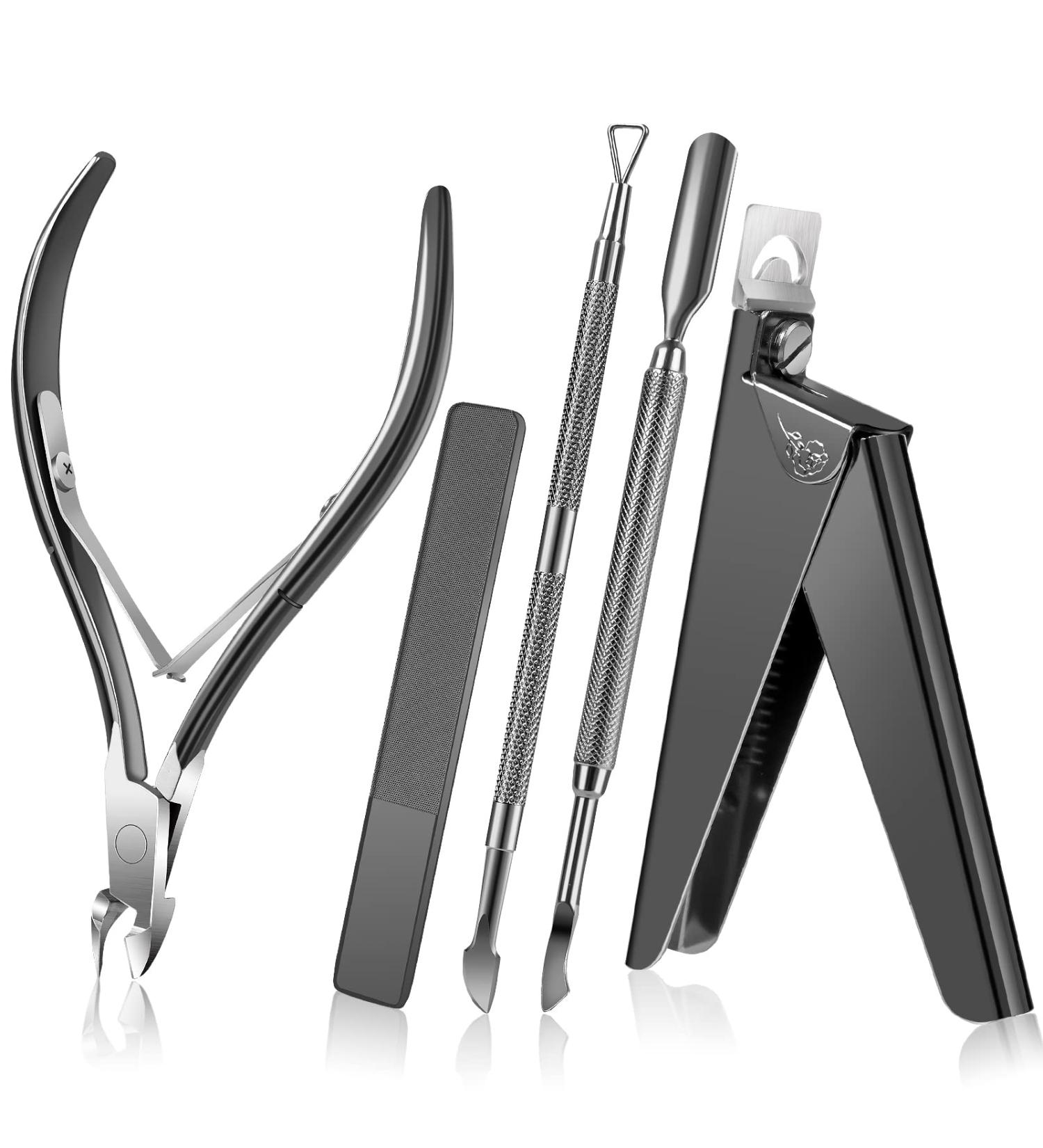 Stainless Steel Nail Clippers for Acrylic Nails with Glass File, Cuticle Trimmer, and Pusher - Manicure Pedicure Kit for Gel Polish Removal - Black - Buy Online on GoSupps.com