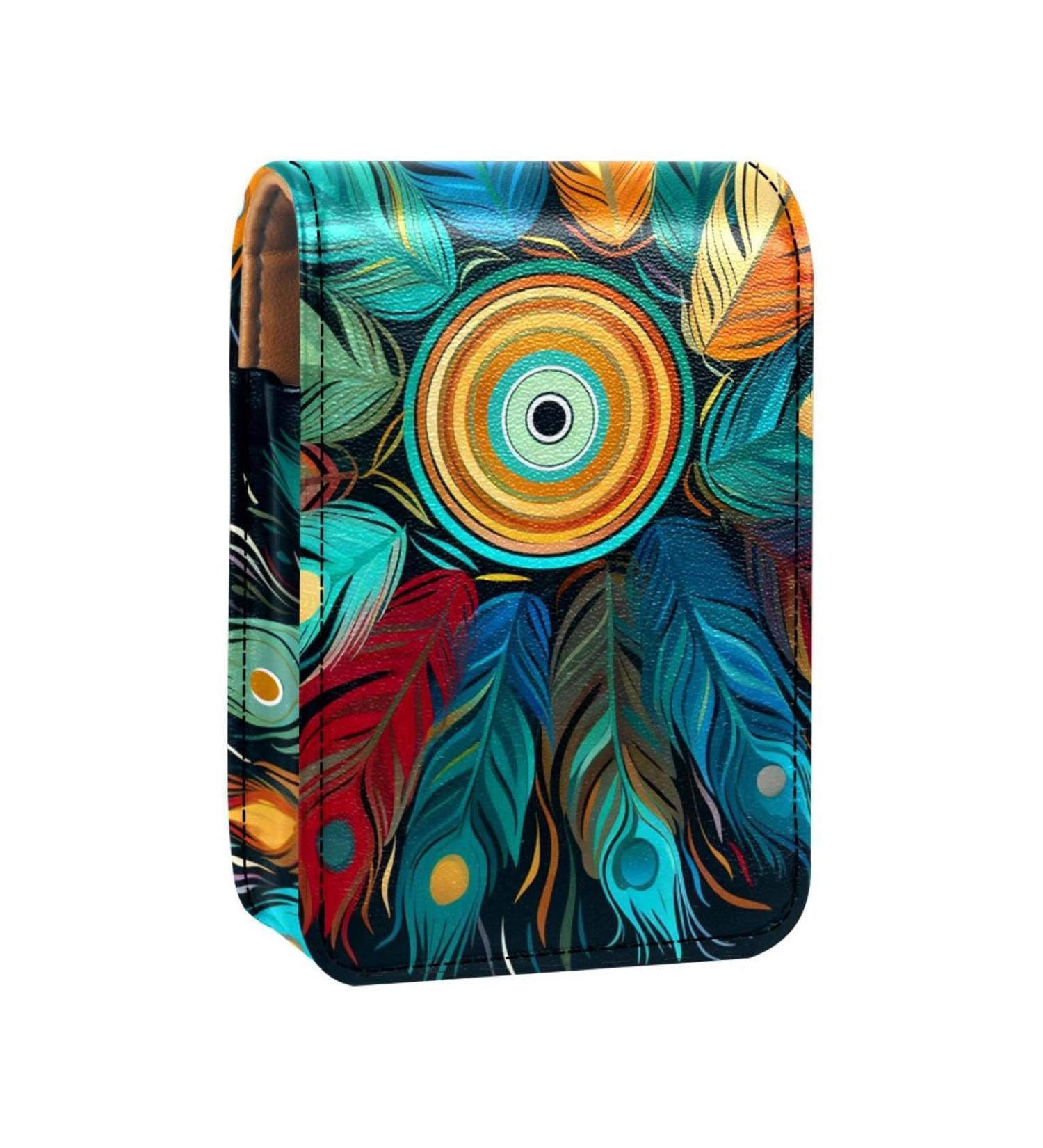 Travel Lipstick Organizer Case | Portable Makeup Bag with Mirror | Colorful Peacock Feather Design - Shop Now - Buy Online on GoSupps.com