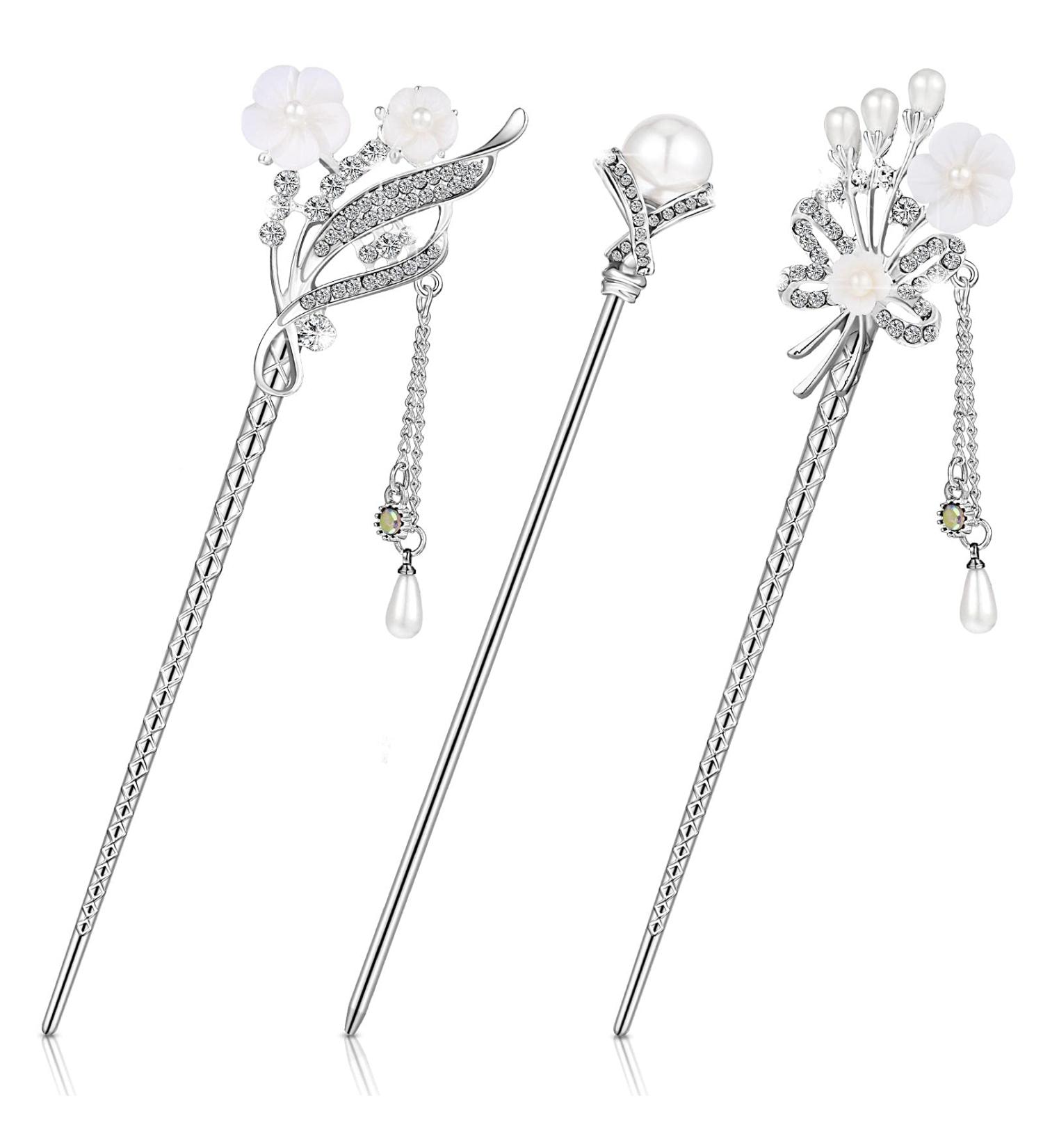 3-Piece Chinese Hair Stick & Japanese Hairpin Set - Pearl Rhinestone Flower Hair Accessories for Women - Vintage Tassel Chignon Jewelry - Traditional Style - Buy Online on GoSupps.com