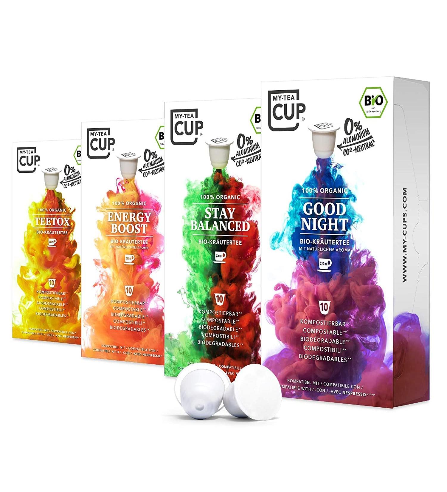 My Tea Cup Wellness Box - Premium 100% Organic Tea Capsules - 4 Selection of Strong Flavours 10 Pods Per Boxed Variety - Herbal Teas Compatible with Nespresso Machines - Fine Gift for All Occasions - Buy Online on GoSupps.com