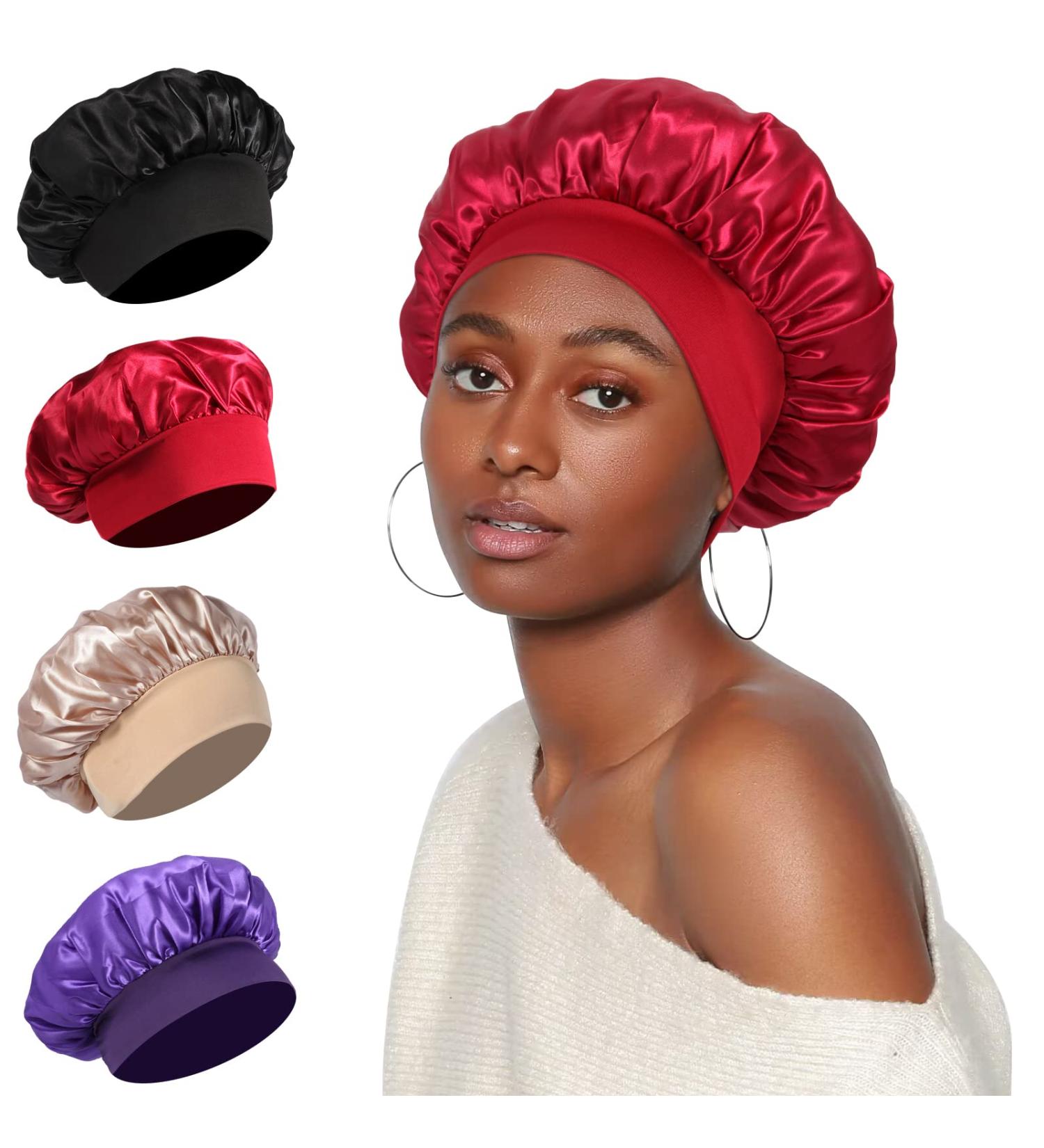 Satin Silk Bonnet Set for Sleeping - 4 Pcs Elastic Wide Band Hair Wraps (Black Red Purple Gold) - Soft & Breathable Sleep Caps - 12.6 Inch - Buy Online on GoSupps.com