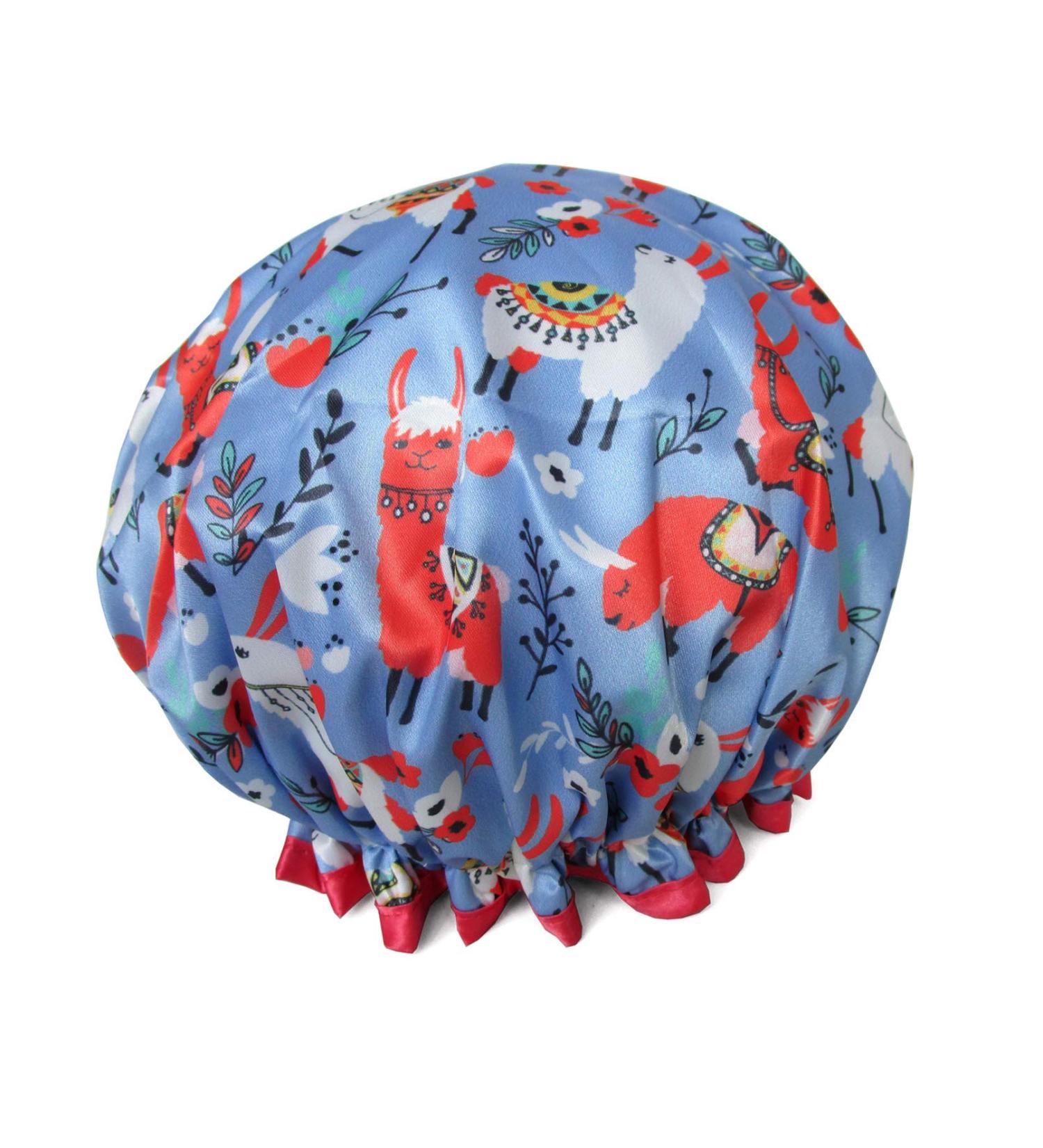 Satin Llama Blue Shower Cap for Women - Waterproof and Cute Animal Printed Bath Cap for Long Hair - Buy Online on GoSupps.com
